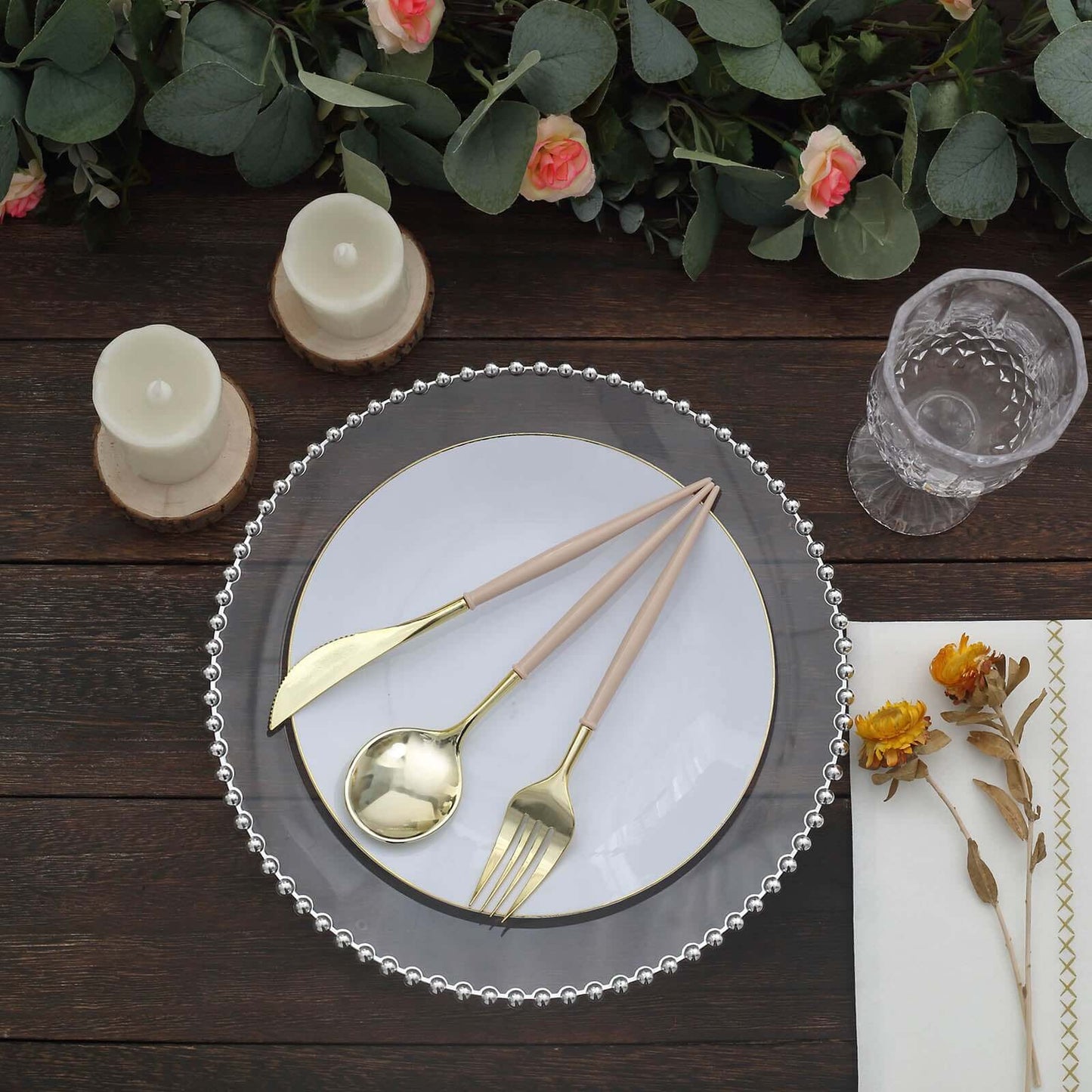 24-Pack Plastic Flatware Set in Metallic Gold with Beige Handle - Heavy Duty Disposable Modern Silverware 8"