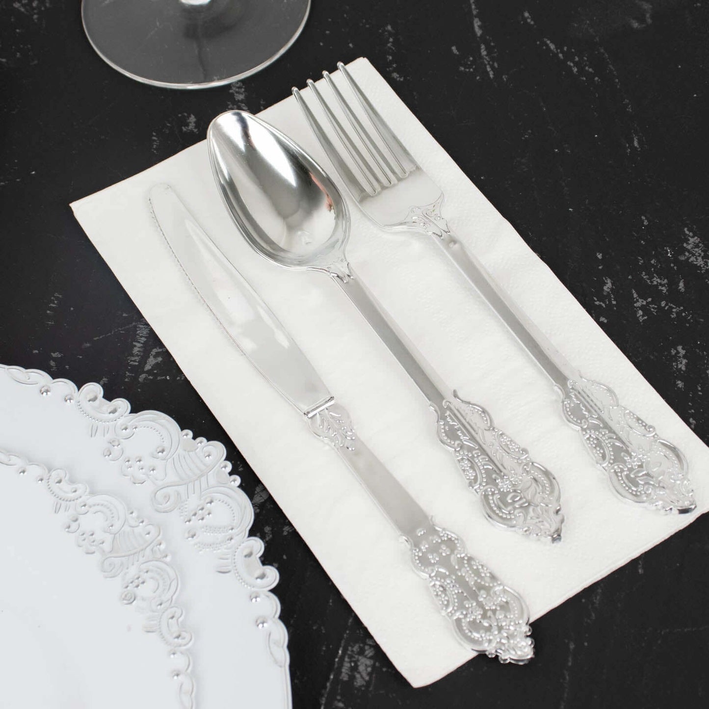 24 Pcs Plastic Silverware Set in Baroque Style Metallic Silver - Heavy Duty Disposable Knife, Fork, and Spoon Set