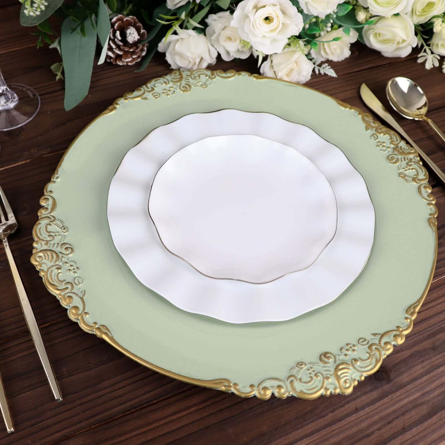 6-Pack Acrylic Round Charger Plates 13" in Sage Green with Gold Embossed Baroque Rim, Antique Decorative Dinner Party Charger Tableware