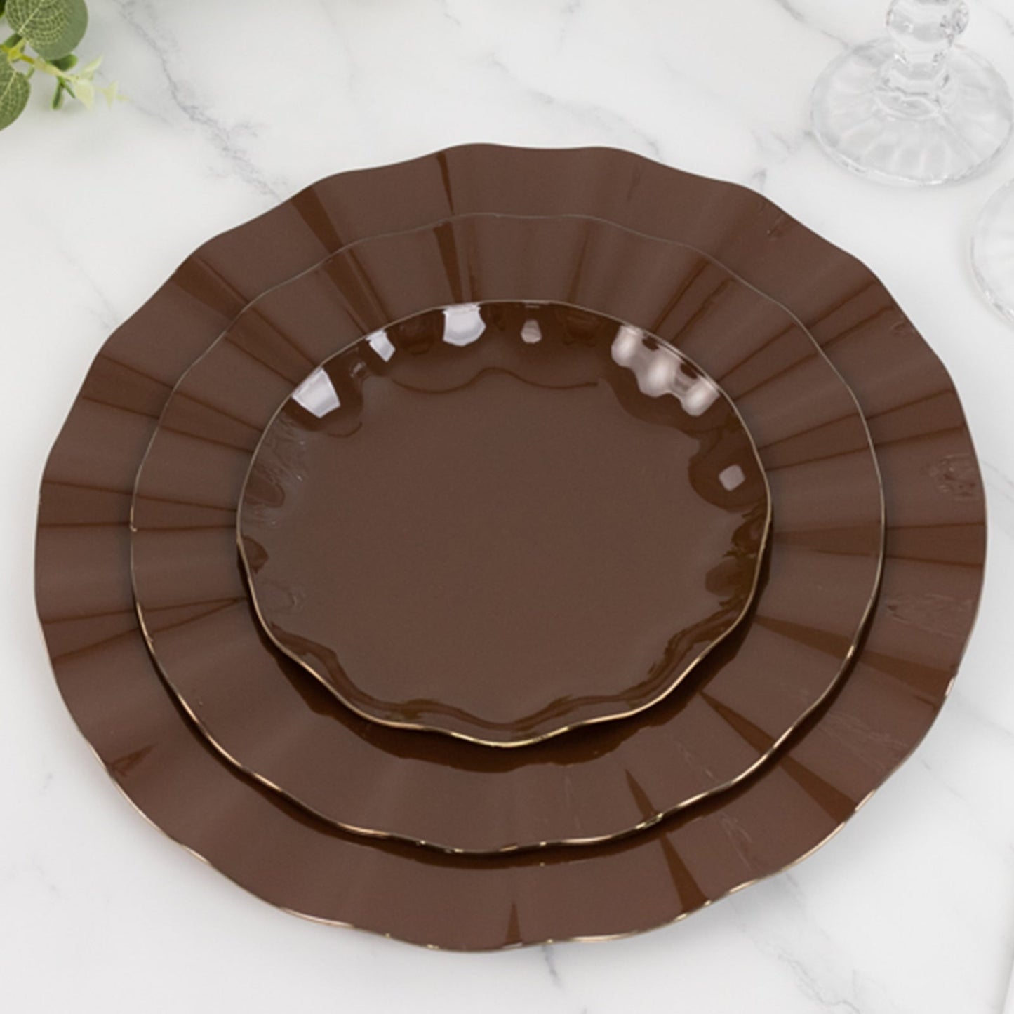 10-Pack Plastic Round 6" Dessert Plates in Cinnamon Brown Ruffled Rim with Gold Edging - Sturdy Disposable Salad Appetizer Dinnerware