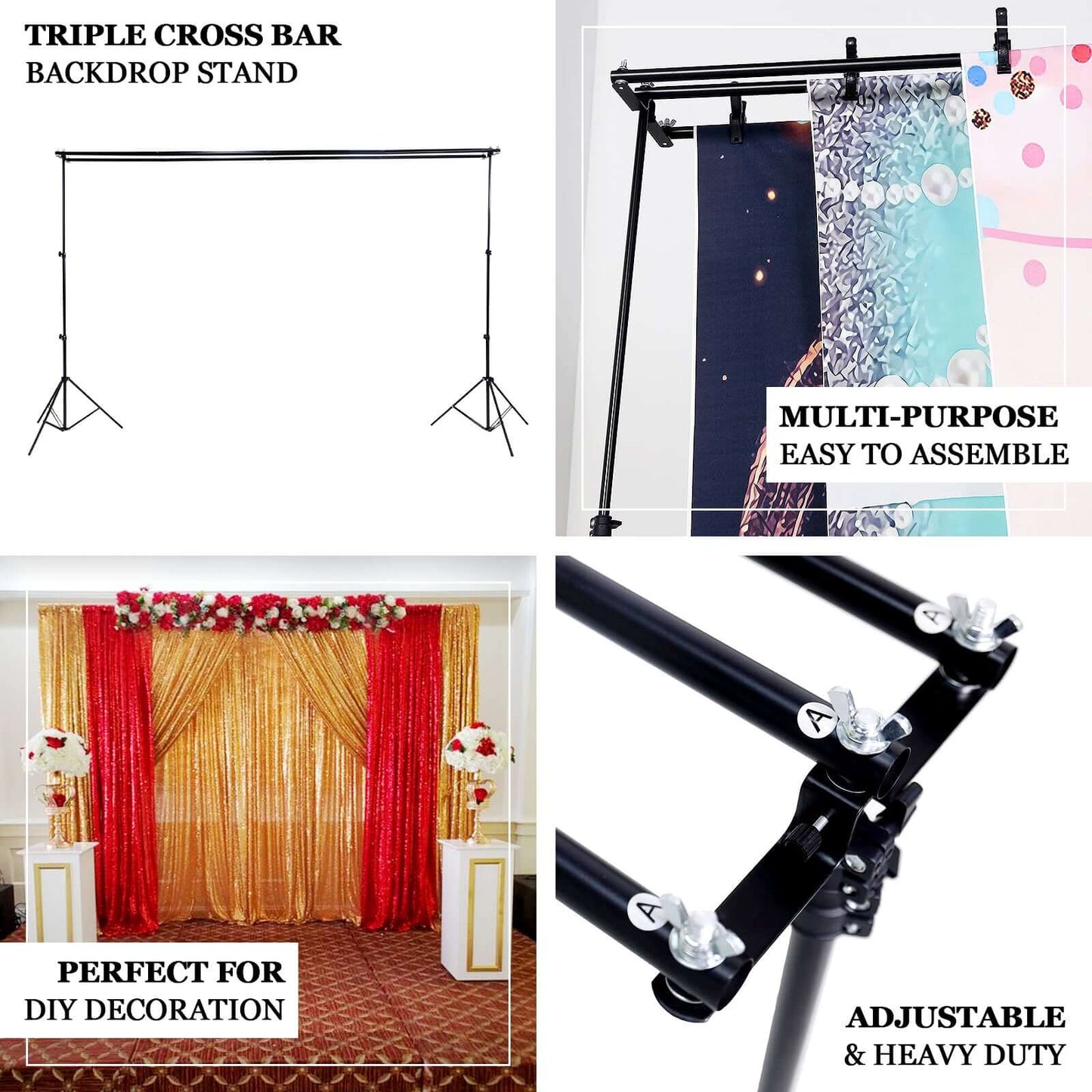 8ftX10ft Metal Triple Crossbar Adjustable Photography Backdrop Stand