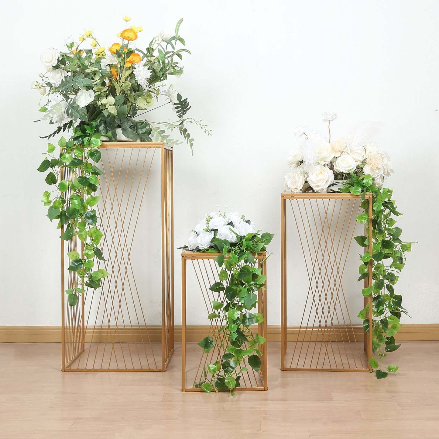 Set of 3 Gold Metal Rectangular Plant Stands with Geometric Crossed Lines Pattern, Nesting Cake Dessert Tables Floral Display Stands - 19",27",35"