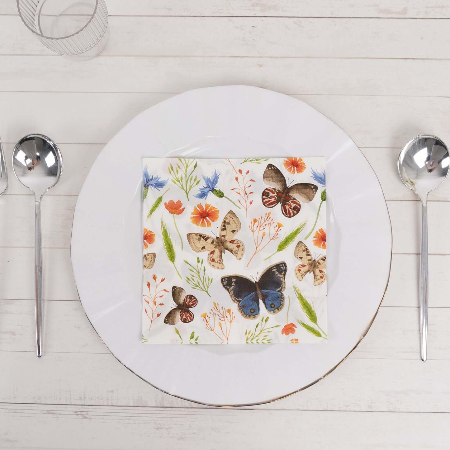 50-Pack Paper Beverage Napkins with Field Herbs and Butterfly Print Ivory - 2 Ply Disposable 18GSM Garden Party Napkins 6.5"x6.5"