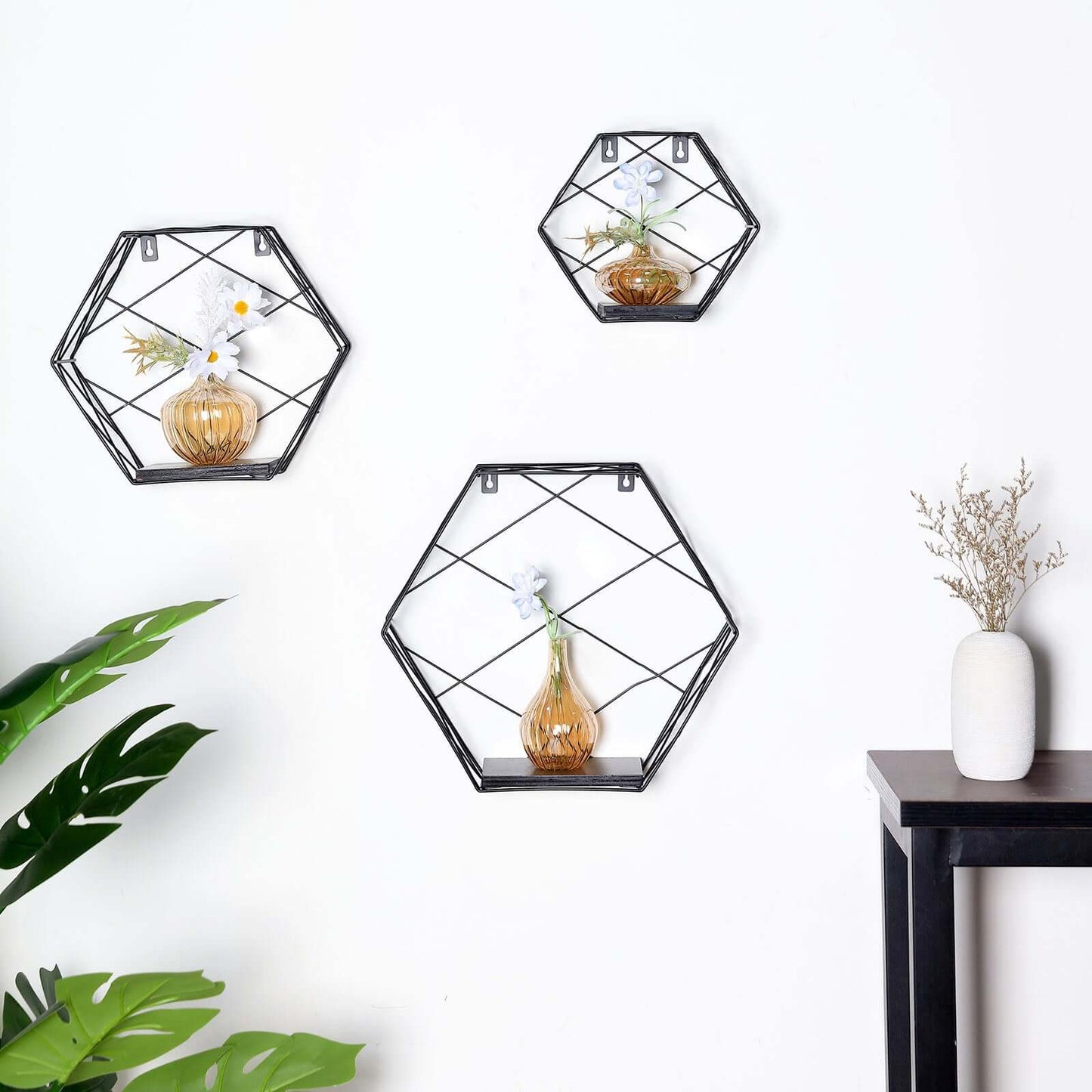 3 Pack Black Hexagonal Floating Wall Shelves, Decorative Geometric Wall Mounted Shelves - 9",12",14"