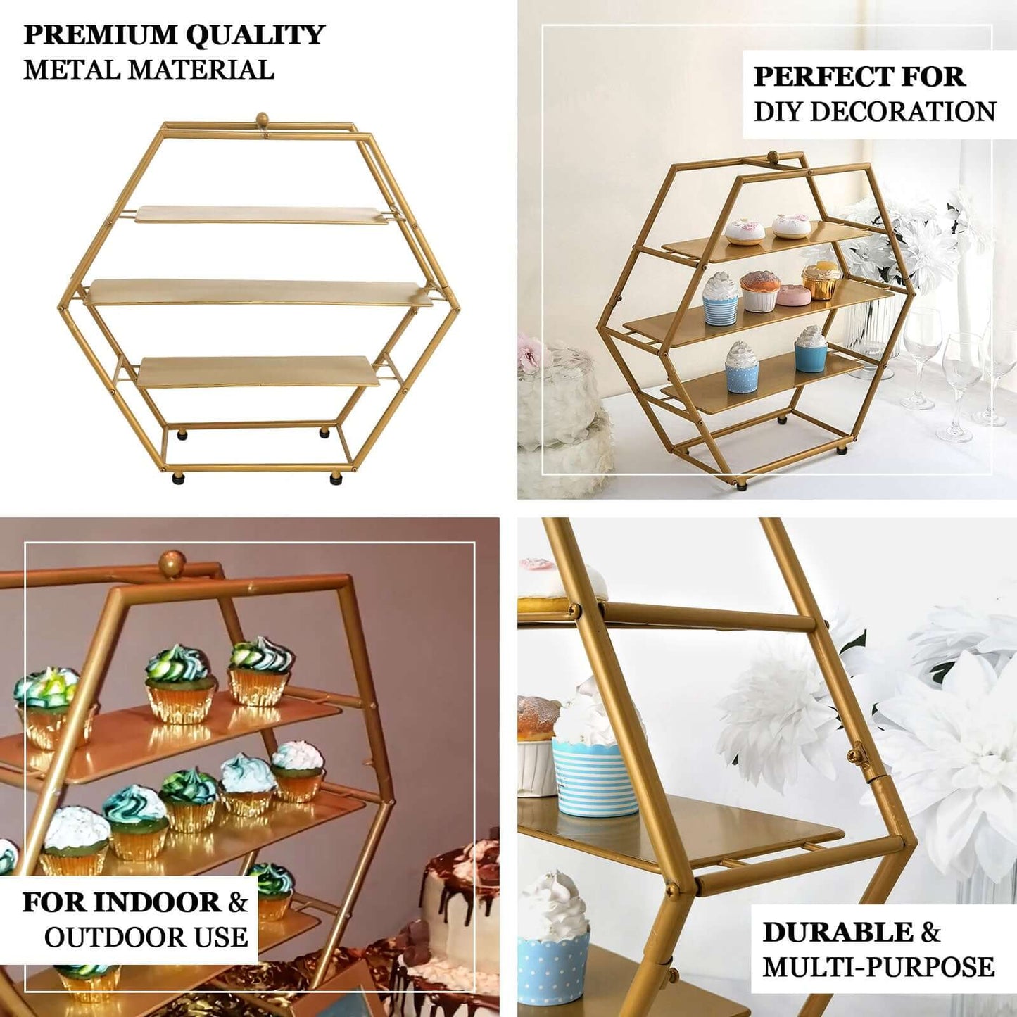 3-Tier Metal Hexagon Cupcake Stand Matte Gold - Stylish Geometric Dessert Holder Appetizer Display for Modern Weddings Dessert Buffets & Celebrations 21"