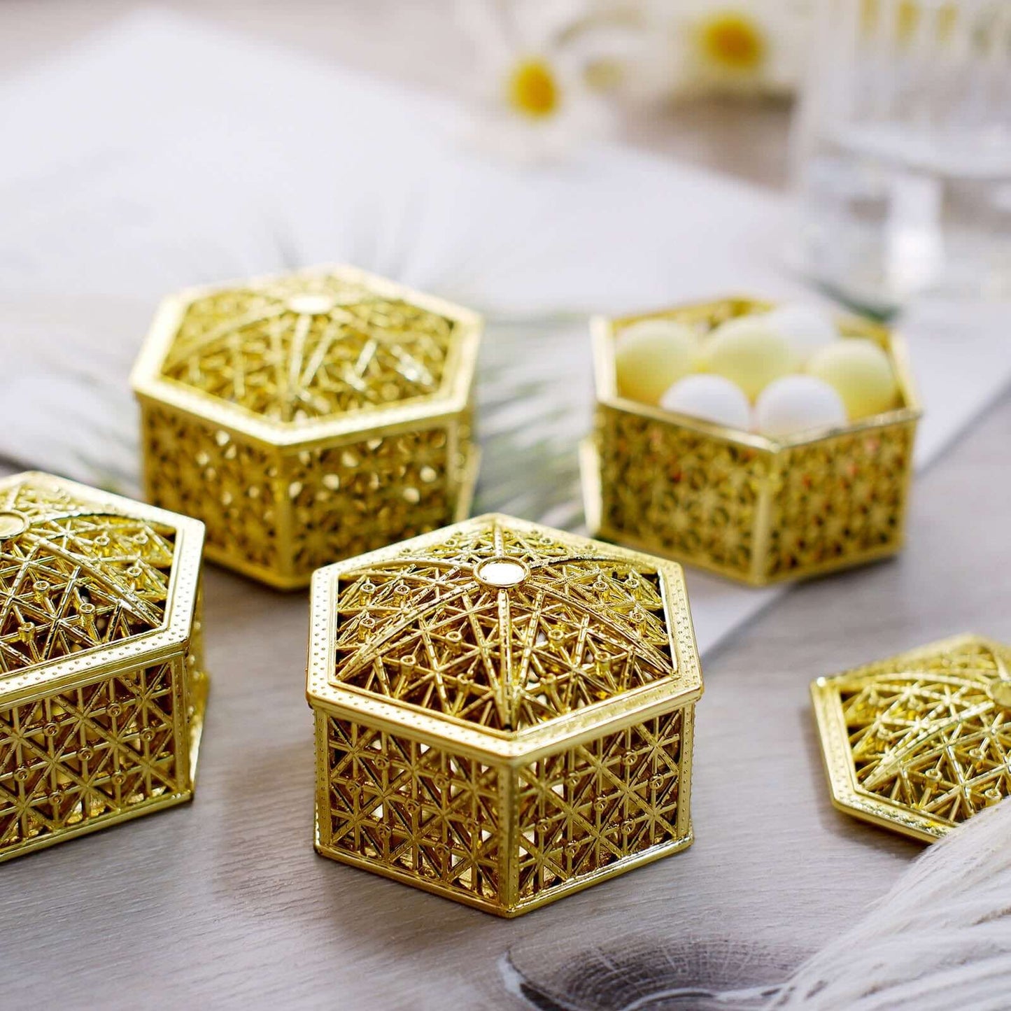 12-Pack Vintage Hexagon Gift Box Candy Containers Gold - Stylish Hollow Favor Boxes for Jewelry 3"