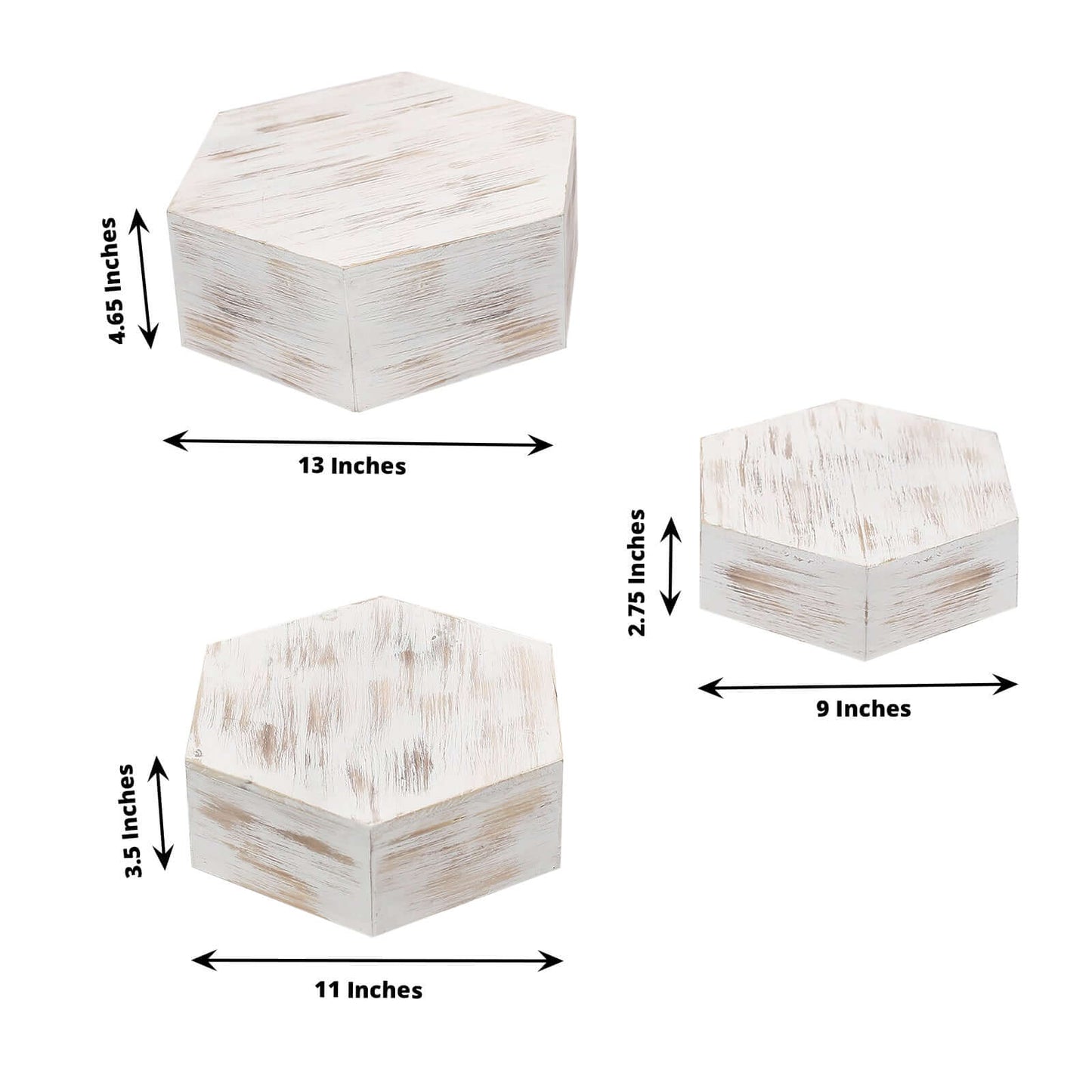 Set of 3 Wooden Dessert Display Boxes Whitewashed Hexagonal Design - Stackable Riser Cake Stand 9", 11", 13"