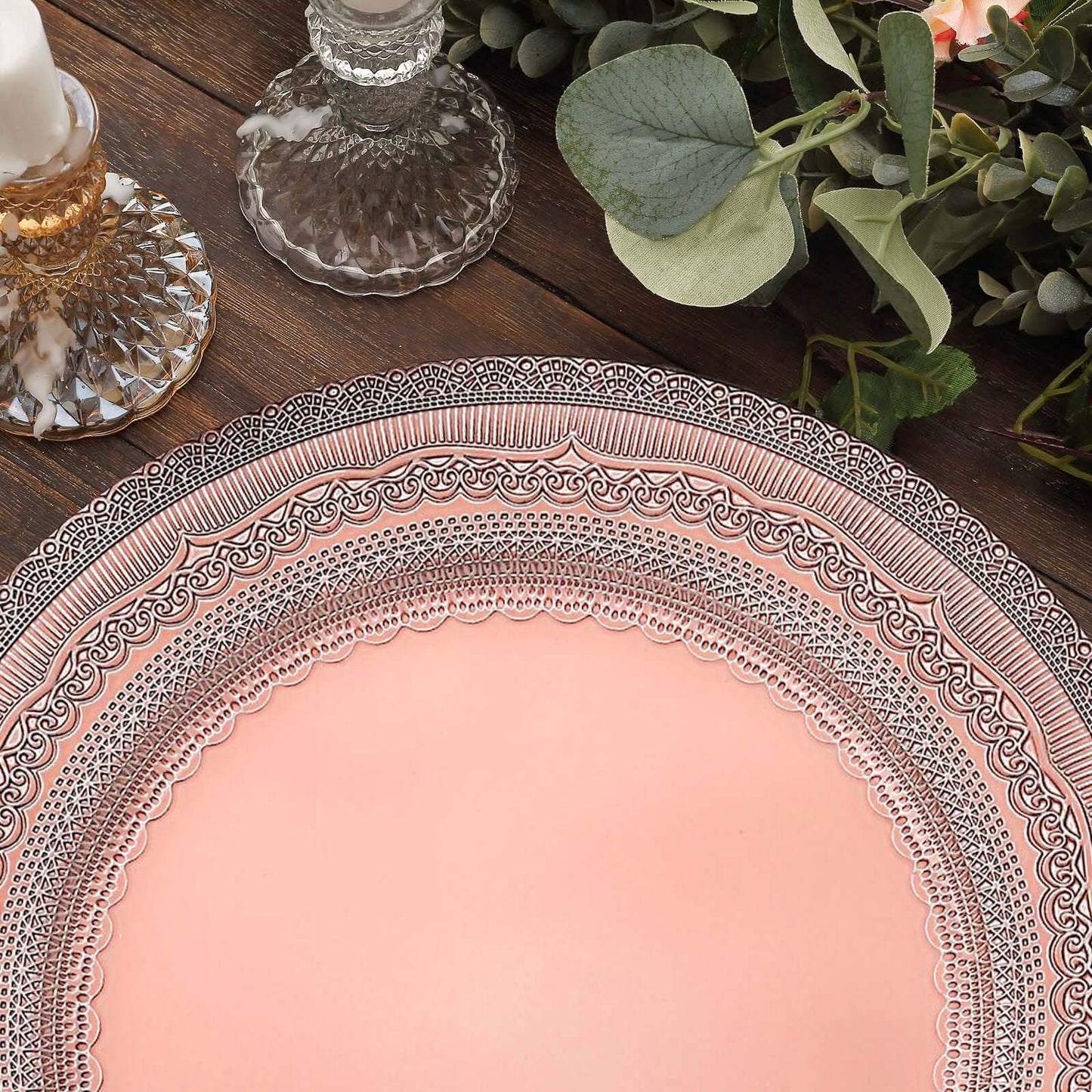 6-Pack Acrylic Round Charger Plates 13" in Rose Gold with Lace Embossed Rim, Rustic Plastic Decorative Charger Tableware