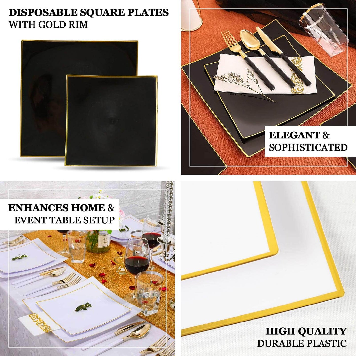 10-Pack Plastic 8" Square Dessert Plates in Black Concave Style with Gold Rim - Modern Disposable Salad Appetizer Party Plates