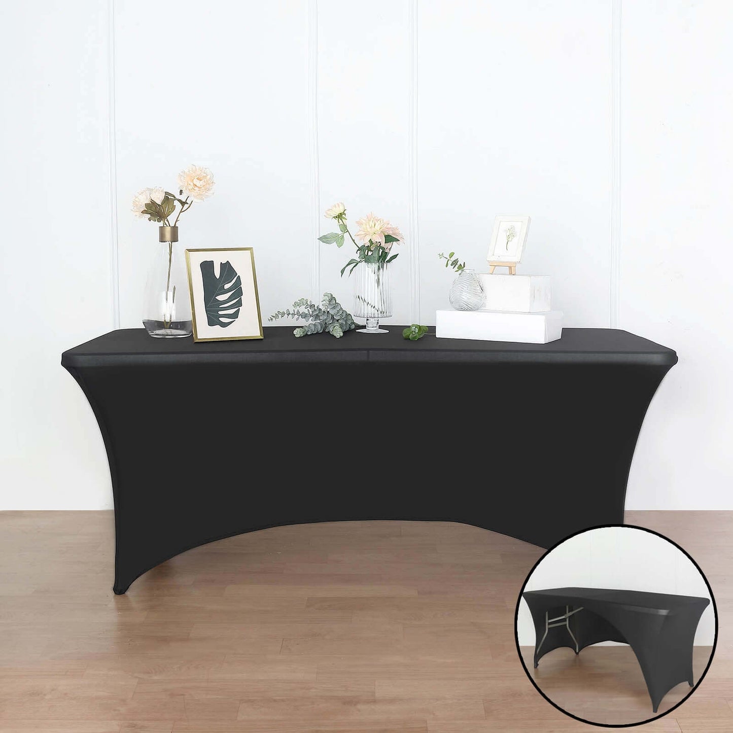 Stretch Spandex 96"x30" Rectangle Table Cover Black with Curved Open Back Design Tailored Professional Look for Tradeshows, Events & Exhibitions
