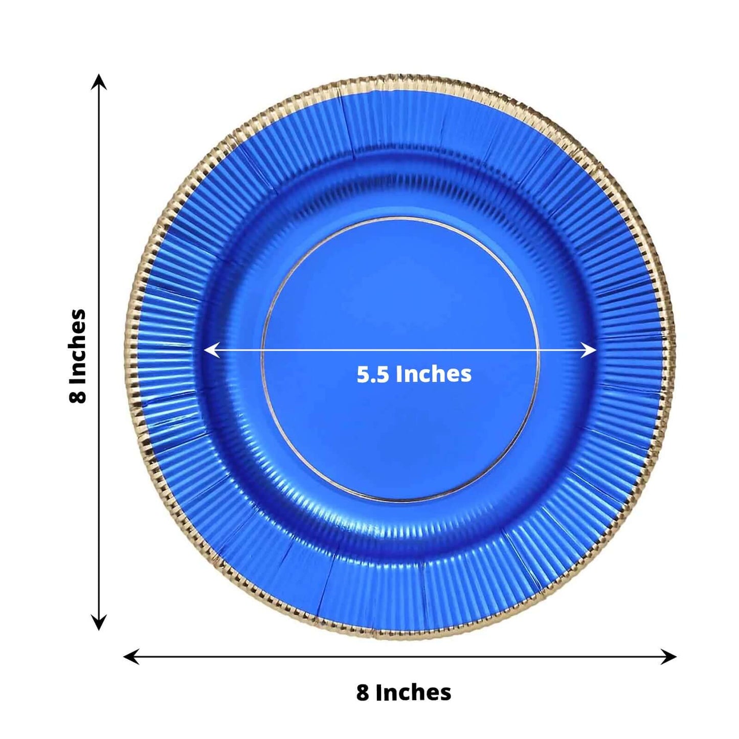 25-Pack Paper 8" Round Dessert Plates in Royal Blue Sunray Design with Gold Rim - Disposable Heavy Duty 350GSM Appetizer Salad Plates