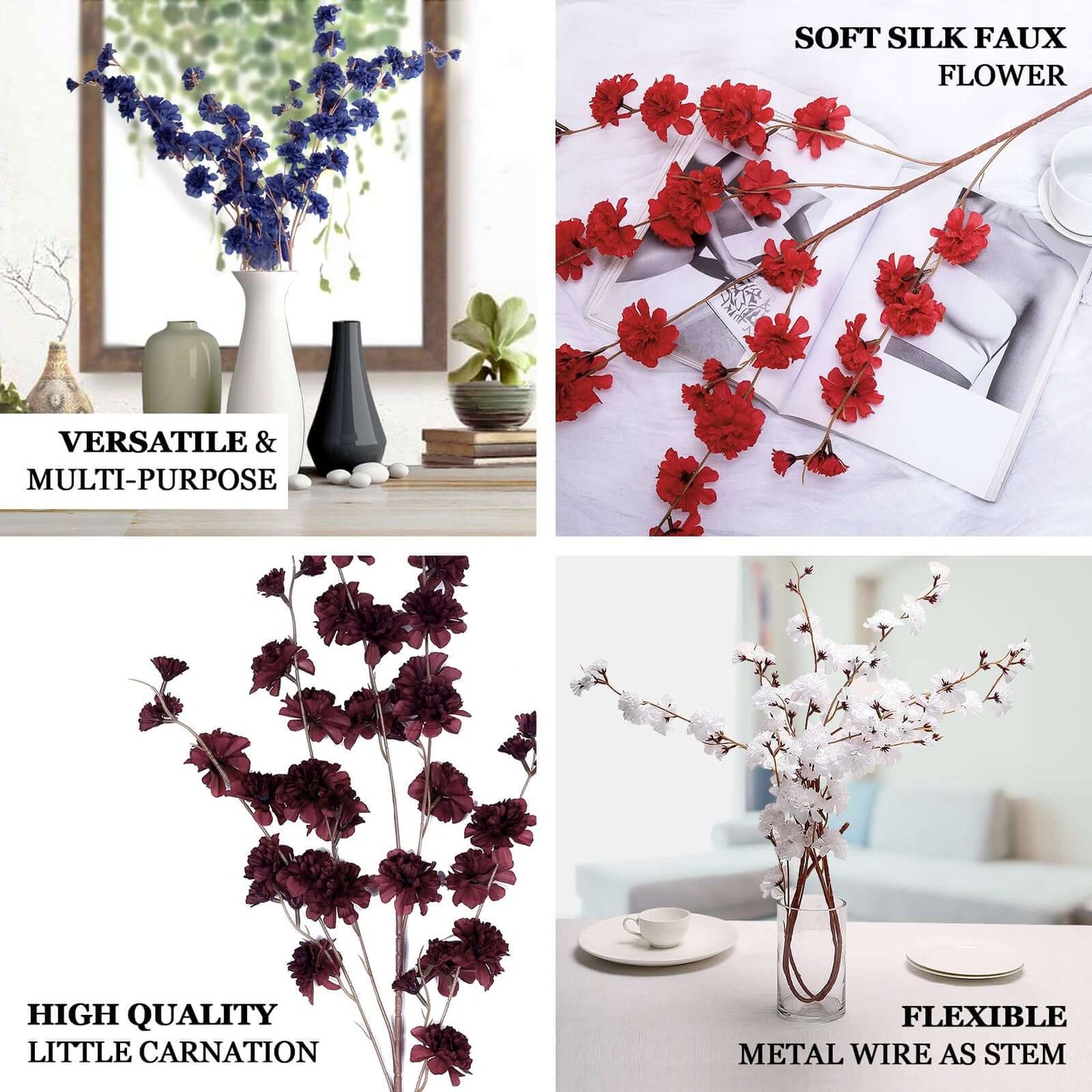 2 Branches 42" Tall Burgundy Artificial Silk Carnation Flower Stems