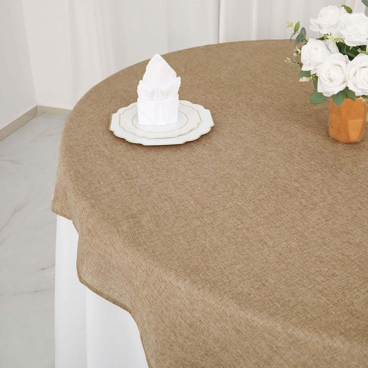 Burlap 72"x72" Faux Jute Table Overlay Square Tablecloth Natural - Boho Chic Design for Vintage Celebrations