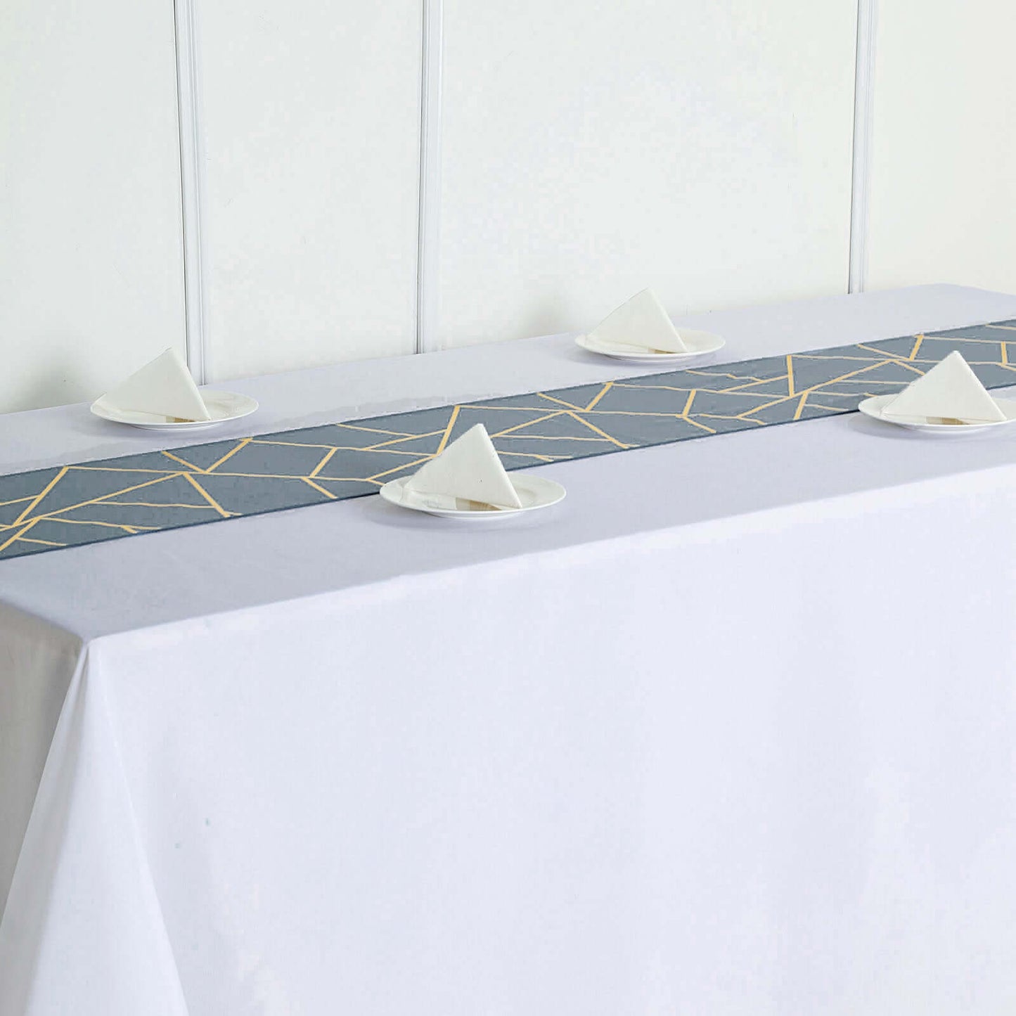 Polyester 9ft Table Runner Dusty Blue with Gold Foil Modern Geometric Accent