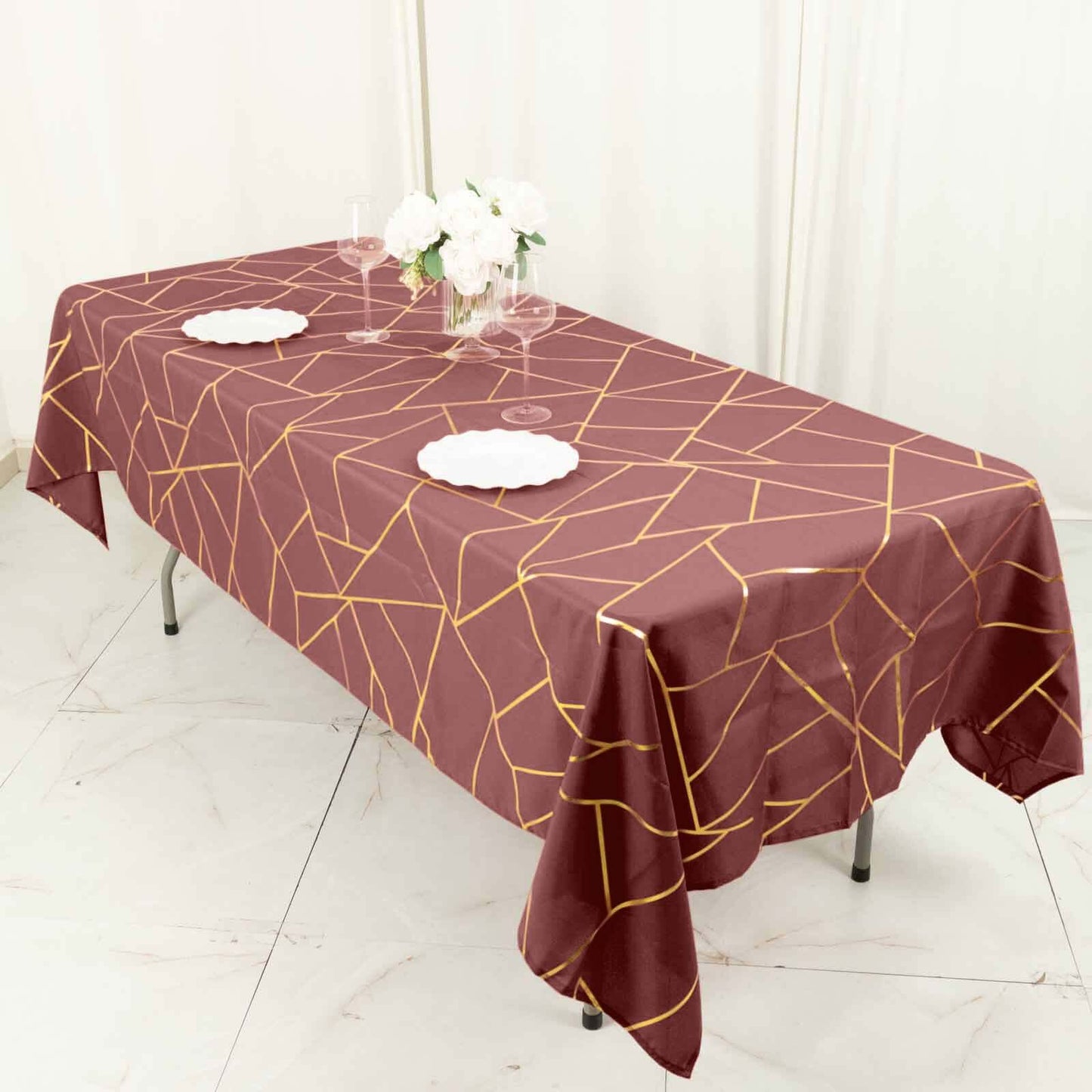 Polyester 60"x102" Rectangle Tablecloth Cinnamon Rose with Gold Foil Geometric Pattern - Wrinkle-Resistant & Durable Table Cover