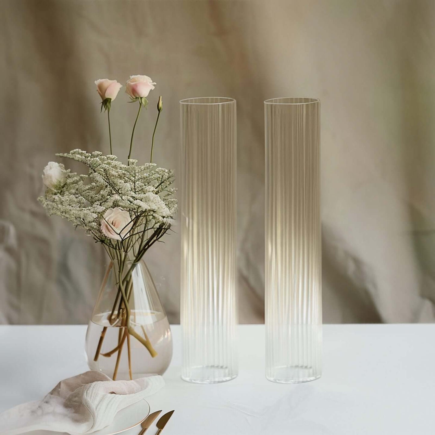 2-Pack Clear Ribbed Glass Hurricane Shades Open End Design - Stylish Candelabra Pillar Candle Holder Table Centerpiece 14"