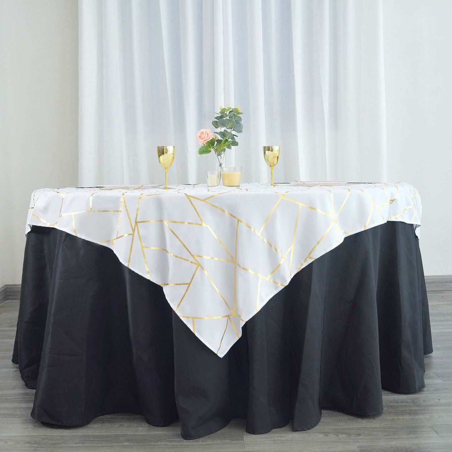 Polyester 54"x54" Table Overlay Square Tablecloth White with Gold Foil Geometric Pattern - Wrinkle-Resistant & Durable for Stylish Settings