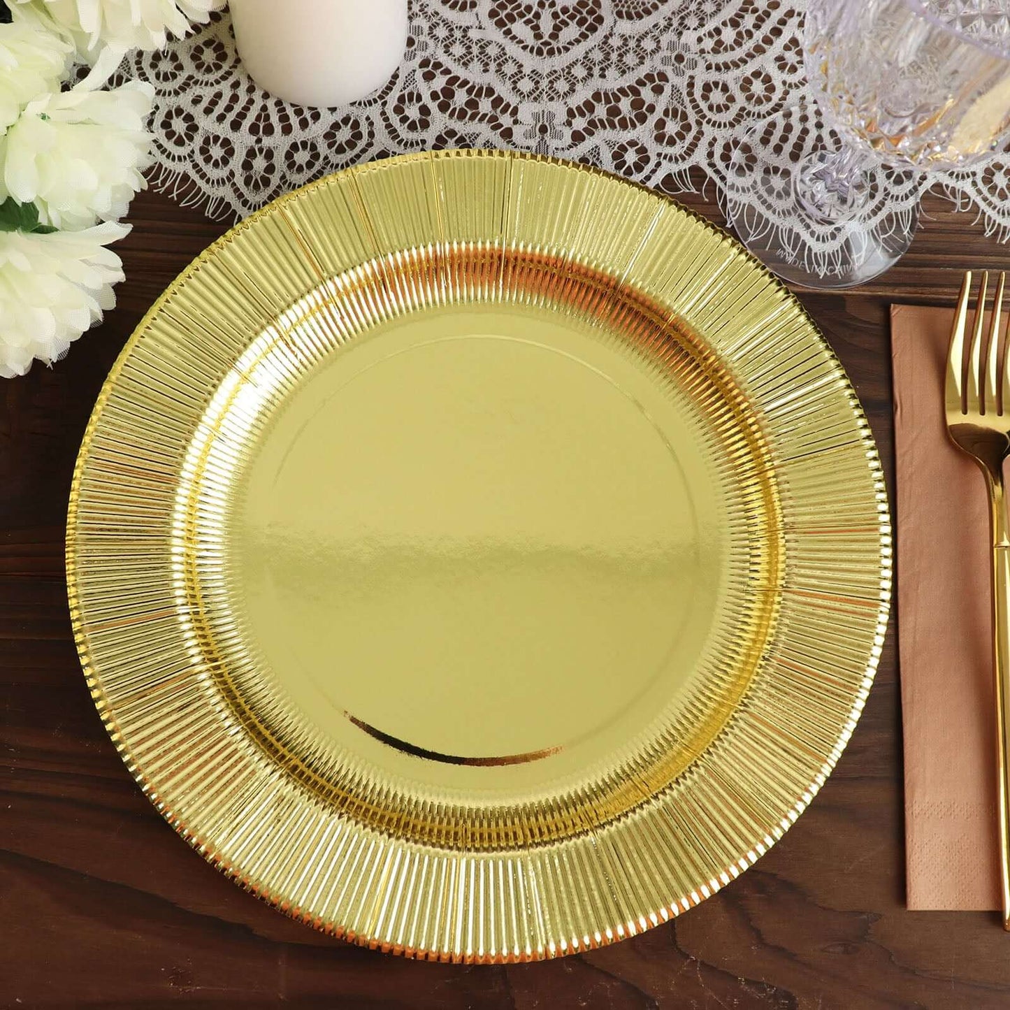 25-Pack Paper 10" Round Dinner Plates in Metallic Gold Sunray Design - Disposable Heavy Duty 350GSM Party Plates
