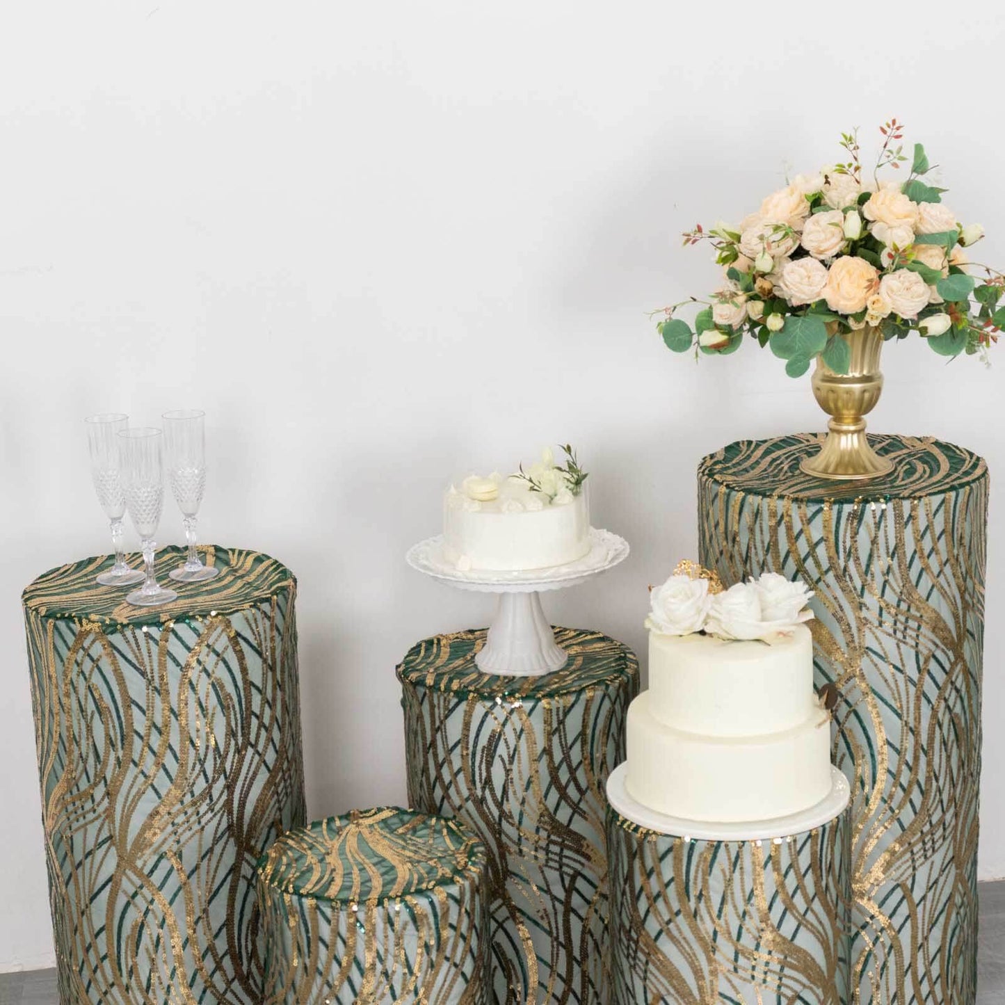 Set of 5 Hunter Green Wave Mesh Cylinder Pedestal Stand Covers with Embroidered Sequins, Emerald Pillar Prop Covers - 160 GSM