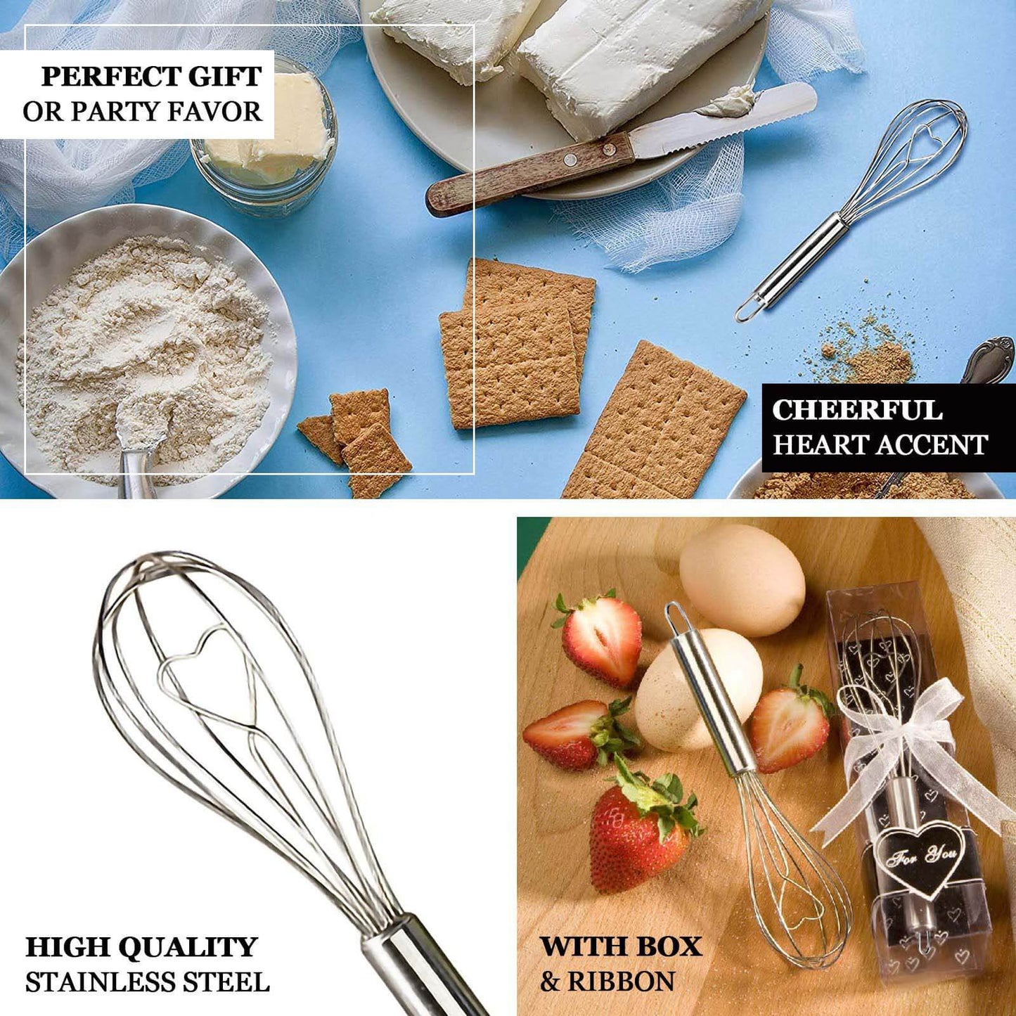 Heart Shaped Stainless Steel Whisk Party Favor With Free Gift Box, Ribbon & Thank You Tag