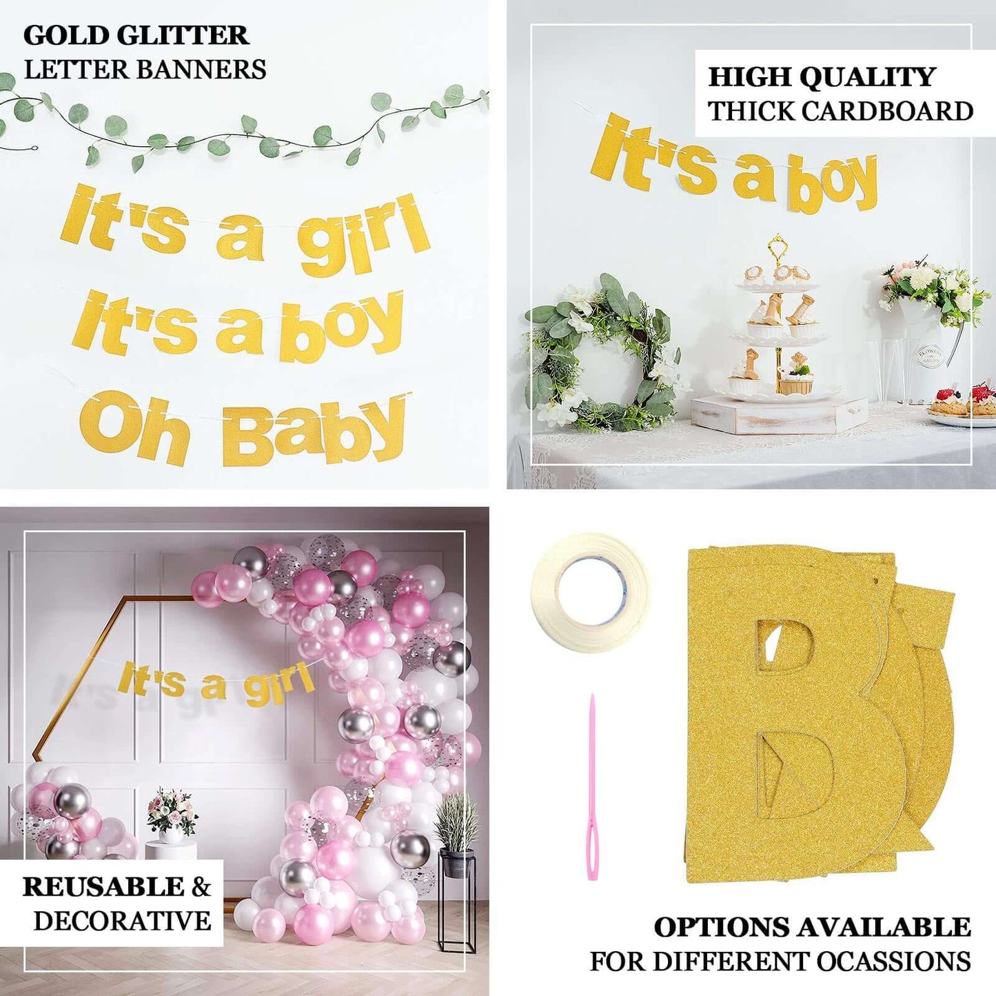 3ft Gold Glittered It's a Boy Paper Hanging Gender Reveal Garland Banner, Baby Shower Banner