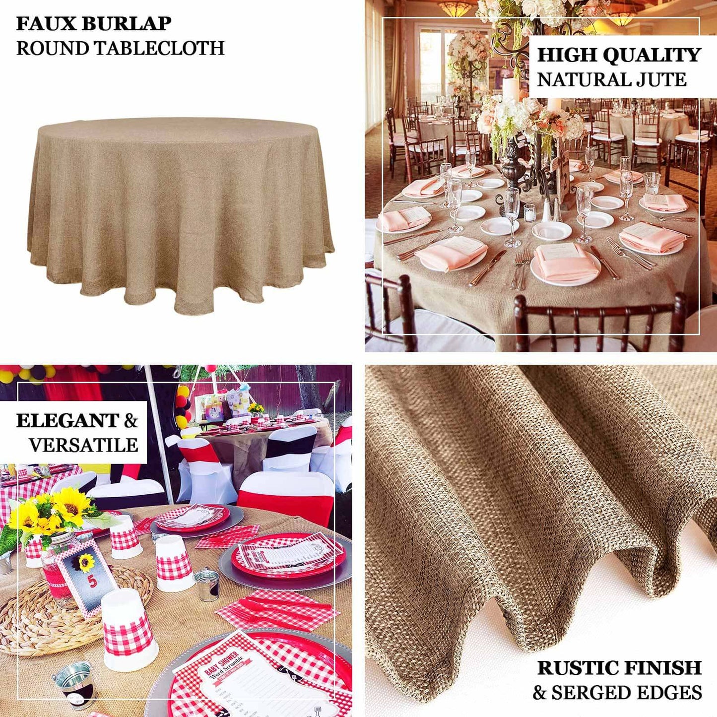 Faux Burlap Jute 90" Round Tablecloth Natural - Rustic Event Table Linen