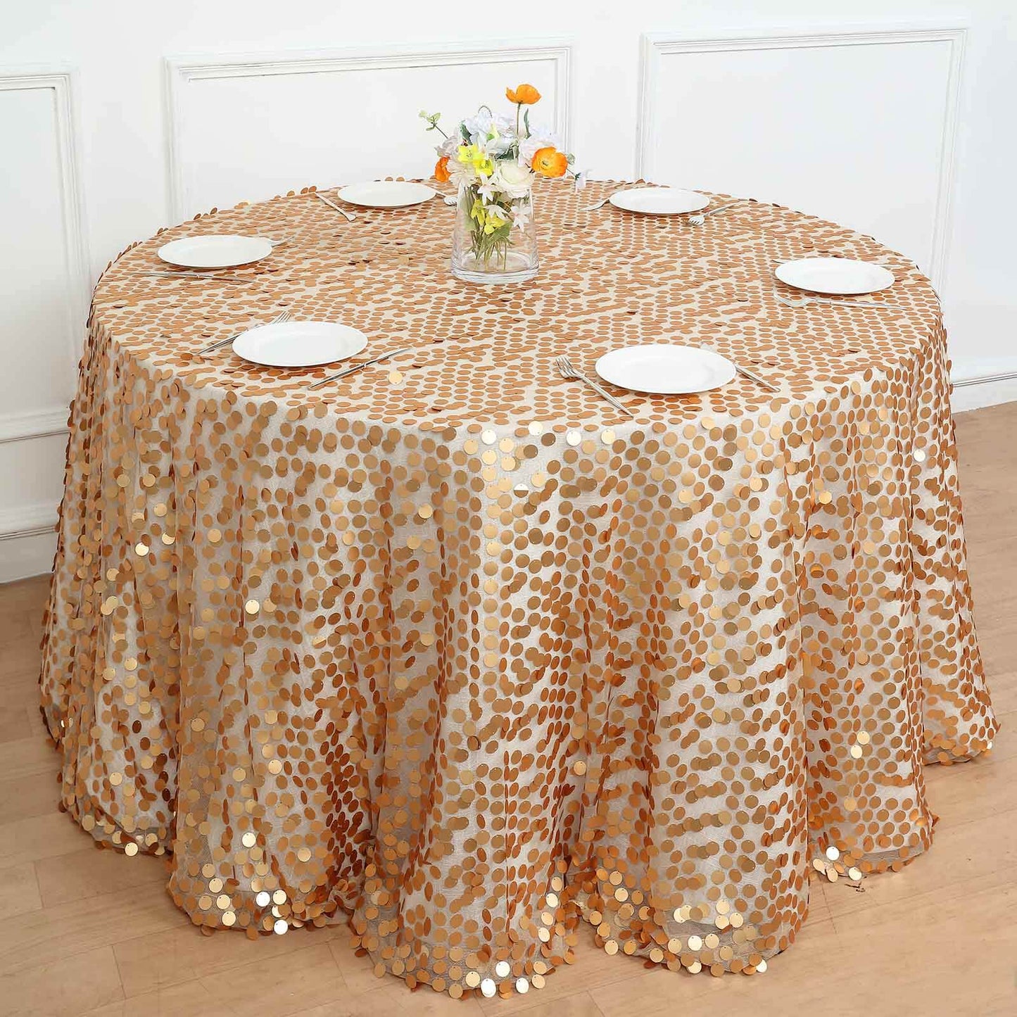 Sequin 120" Round Tablecloth Matte Champagne - Seamless Big Payette Table Cover