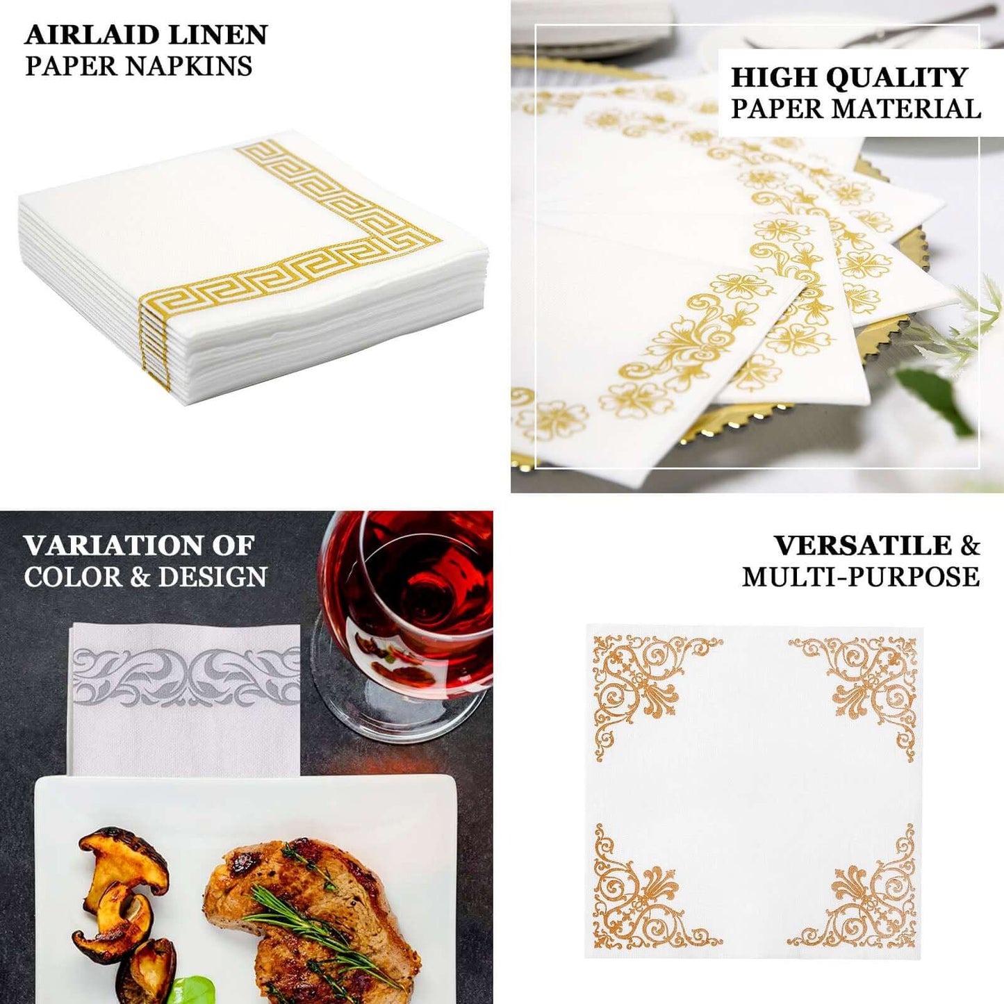 25 Pack Linen-Like Paper 8"x4" Napkins White with Gold Greek Key Design - Soft & Absorbent Airlaid Hand Towels for Exquisite Weddings & Events