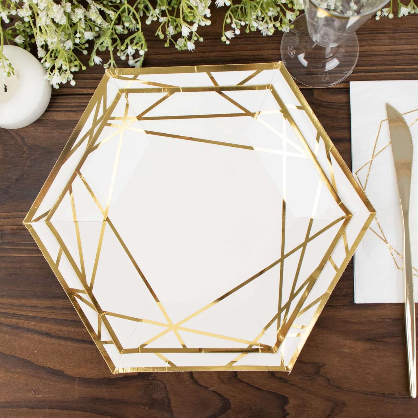 25-Pack Paper 7" Hexagon Dessert Plates in White with Gold Geometric Lines & Rim - Stylish Disposable Geometric 300GSM Appetizer Salad Plates for Events & Banquets
