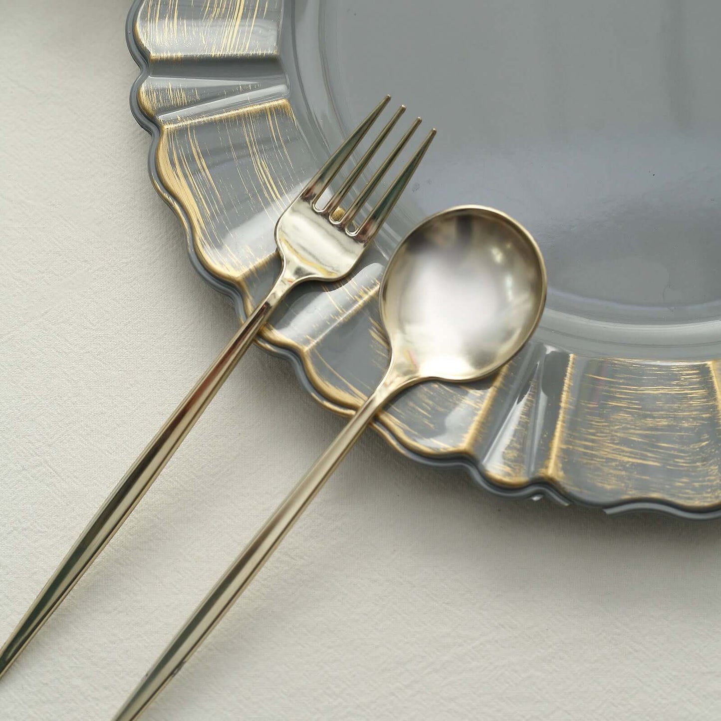 6-Pack Acrylic Plastic Round Charger Plates 13" in Charcoal Gray with Gold Brushed Wavy Scalloped Rim, Decorative Dinner Party Charger Tableware