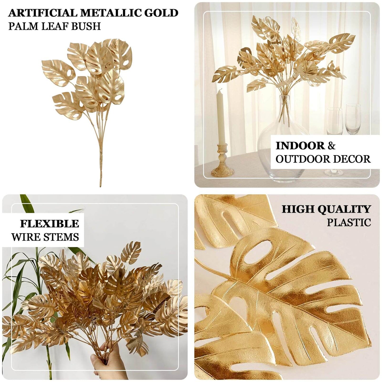4-Pack Artificial Monstera Leaves Bushes Metallic Gold - Themed Weddings Parties & Events 14"