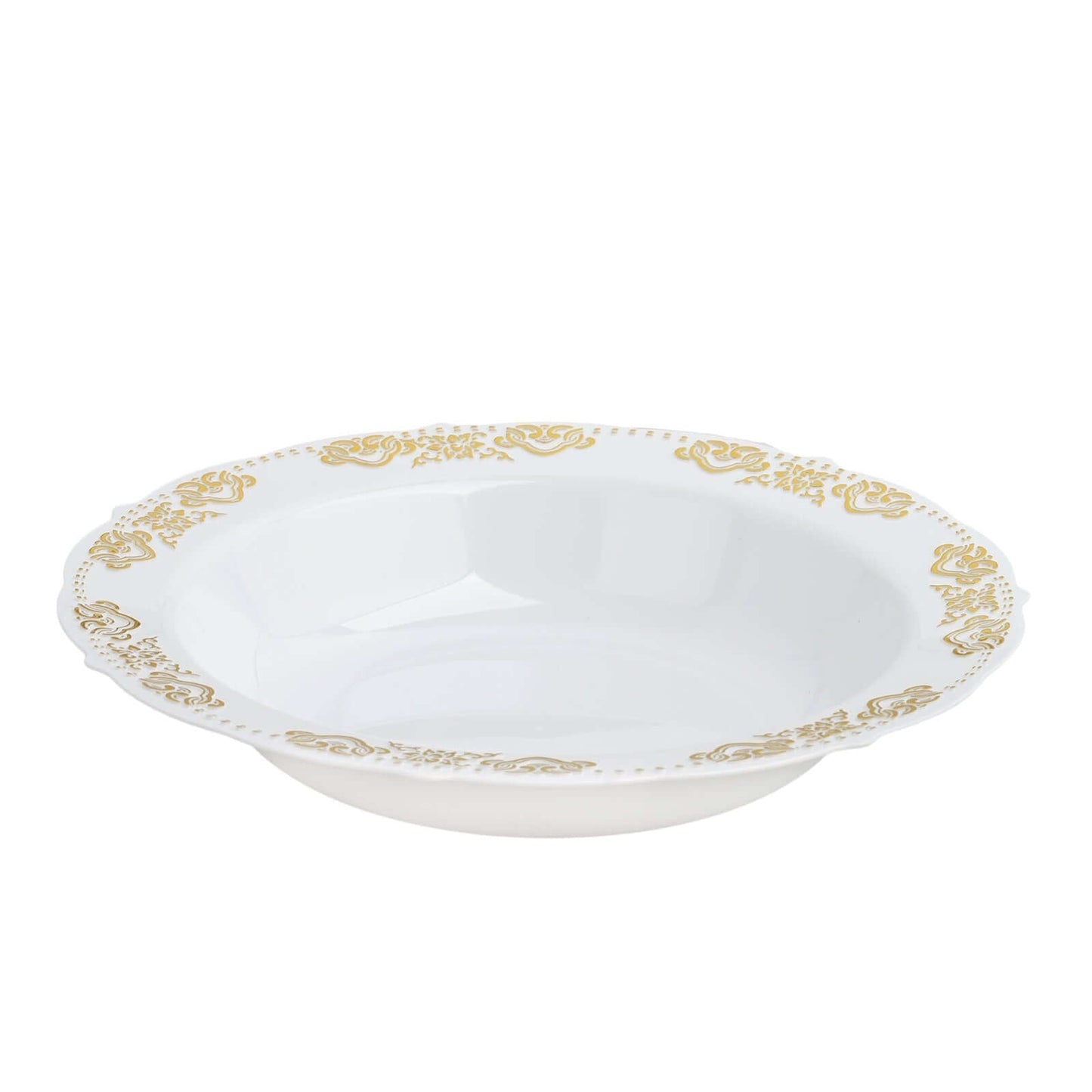 10-Pack Plastic Round Soup Bowl in White with Gold Embossed Scalloped Rim - Sturdy Disposable Salad Dessert Bowls for Catering & Events 12oz