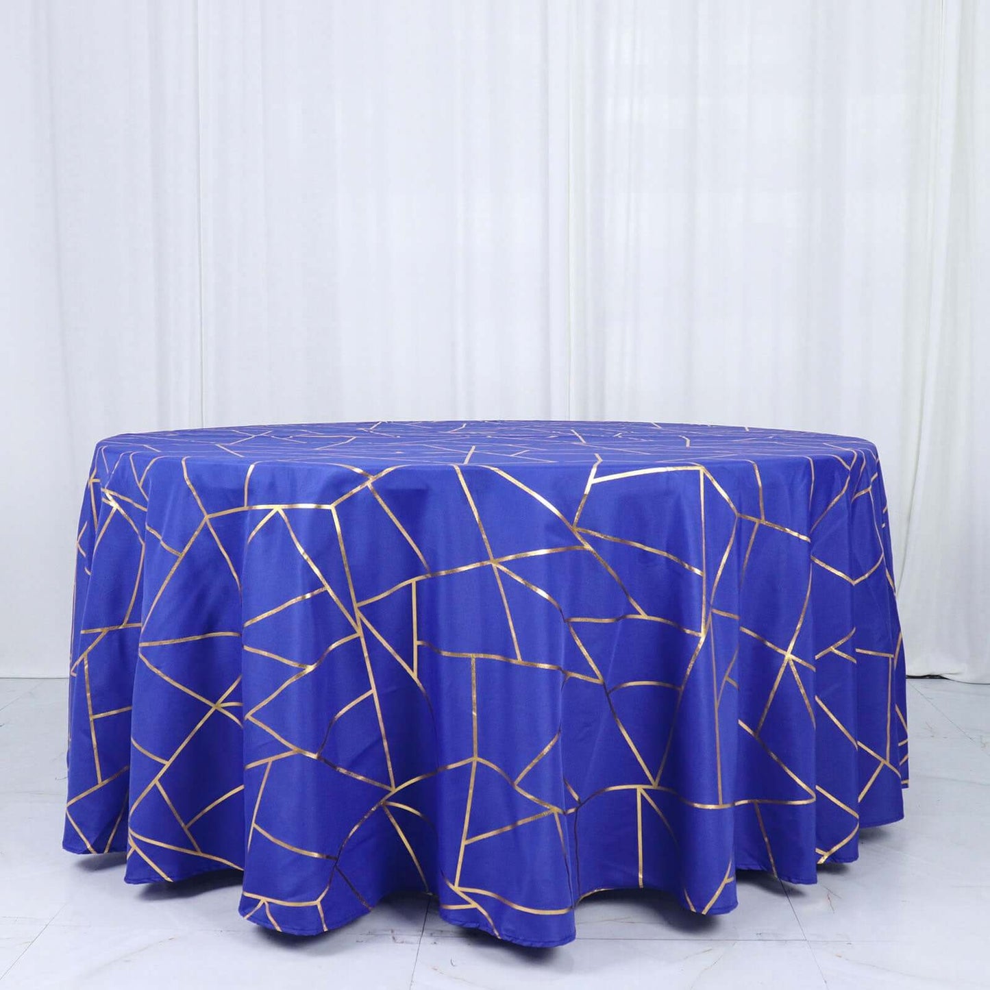 Polyester 120" Round Tablecloth Royal Blue with Gold Foil Geometric Pattern Wrinkle-Resistant Seamless Table Cover