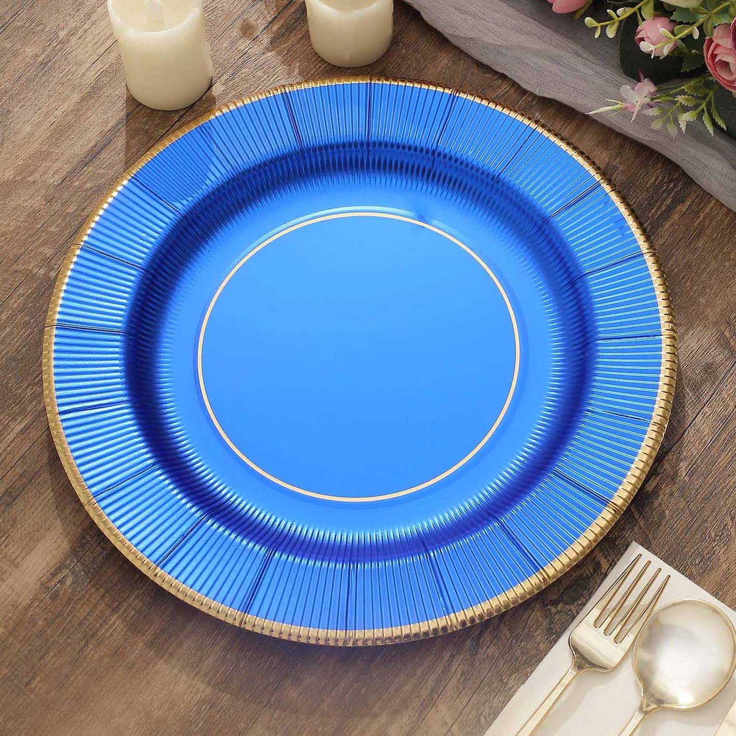 25-Pack Disposable Round Charger Plates in Royal Blue Sunray Design with Gold Rim - 350GSM Heavy Duty Paper Chargers 13"