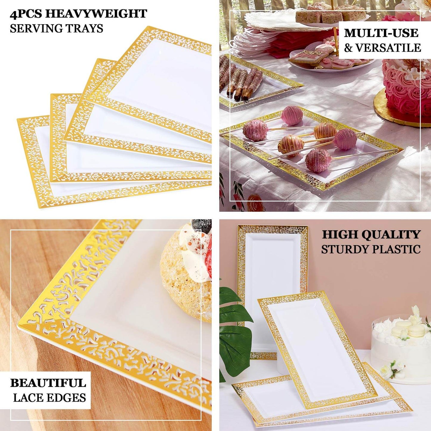 4-Pack Plastic 14" Rectangle Serving Trays White with Gold Lace Rim - Chic Decorative Table Tray Platters for Buffets Banquets Dinner Parties