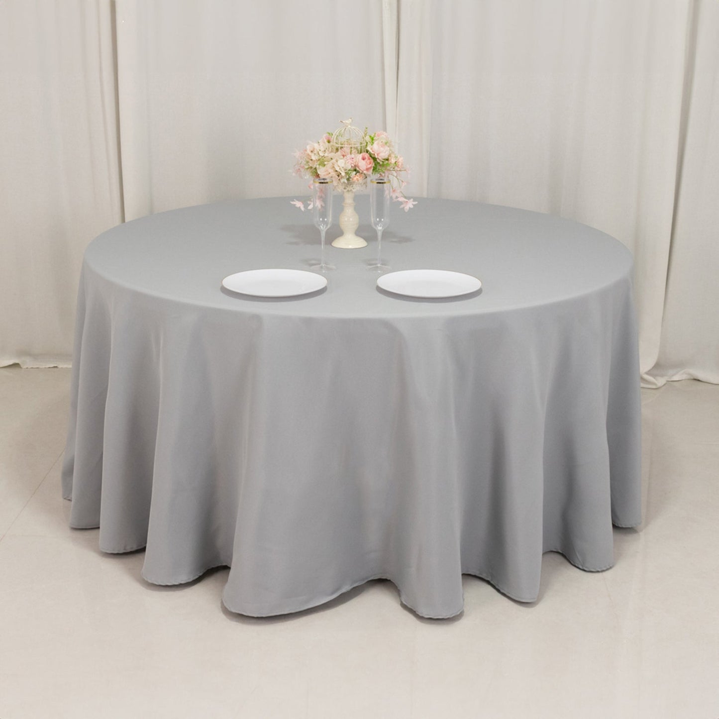 Premium Polyester 120" Round Tablecloth Silver - Seamless 220GSM Wrinkle-Resistant Table Cover