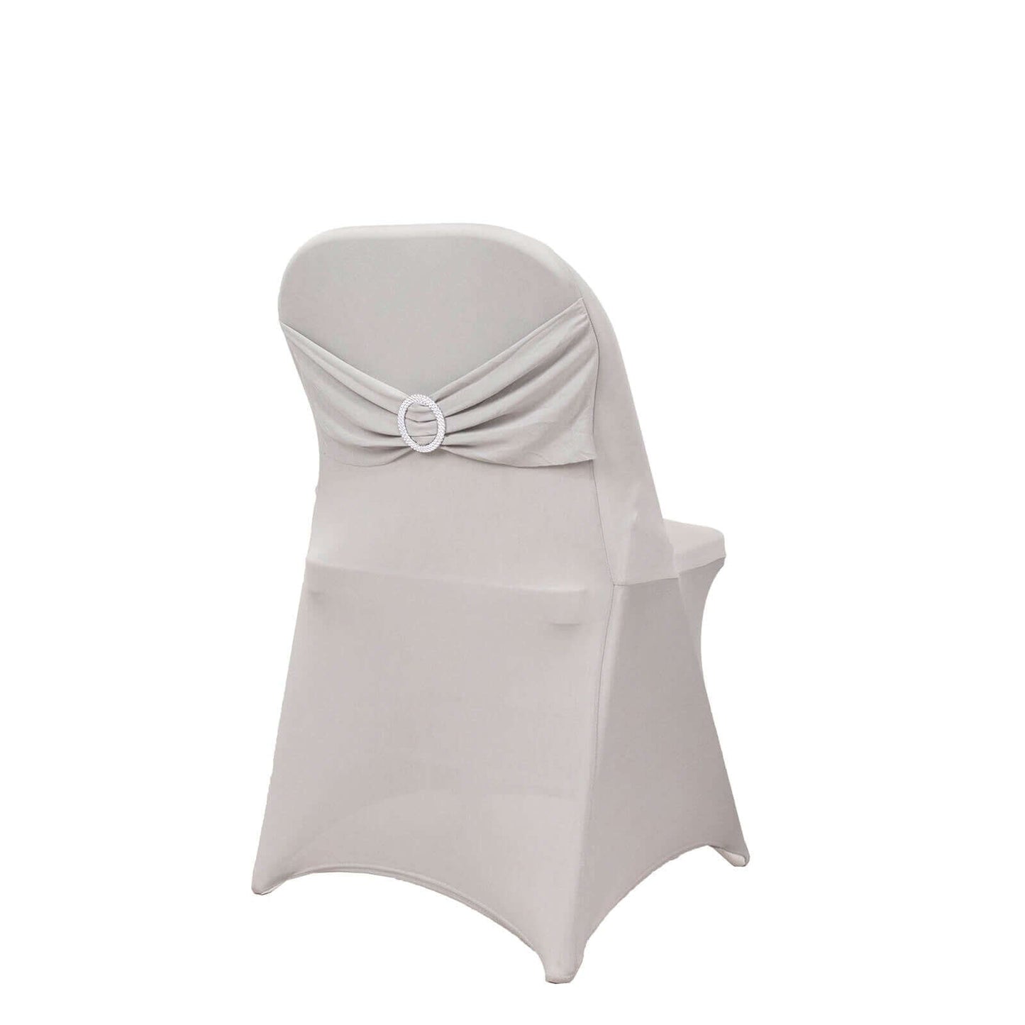 Stretch Spandex Chair Cover Silver for Folding Chairs - Secure Fit Slipcover with Silver Rhinestone Buckled Sash Band
