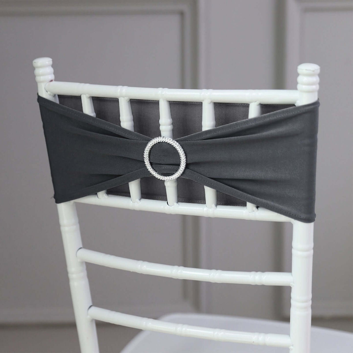 5 Pack Stretch Spandex Chair Sashes Charcoal Gray - Reusable Chair Bands with Silver Diamond Ring Slide Buckle 5"x14"