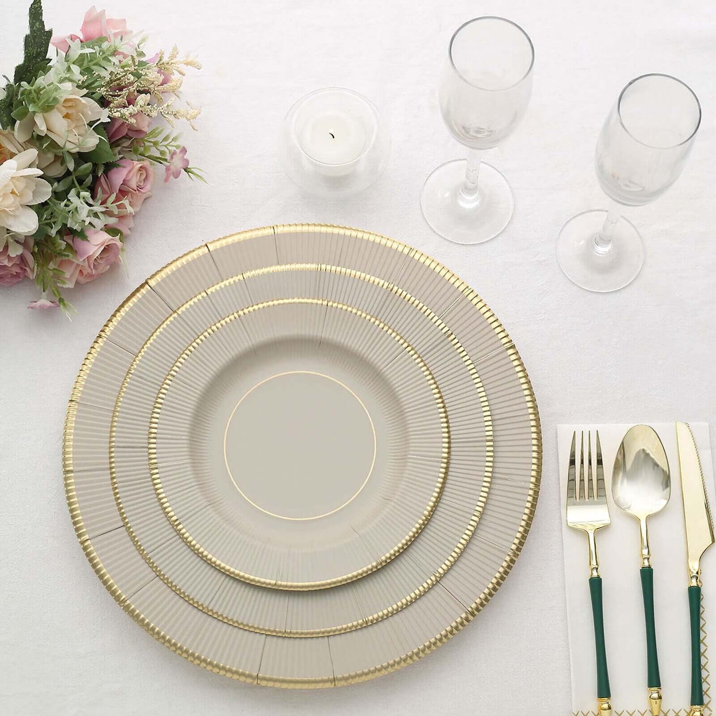 25-Pack Paper 10" Round Dinner Plates in Taupe Sunray Design with Gold Rim - Disposable Heavy Duty 350GSM Party Plates