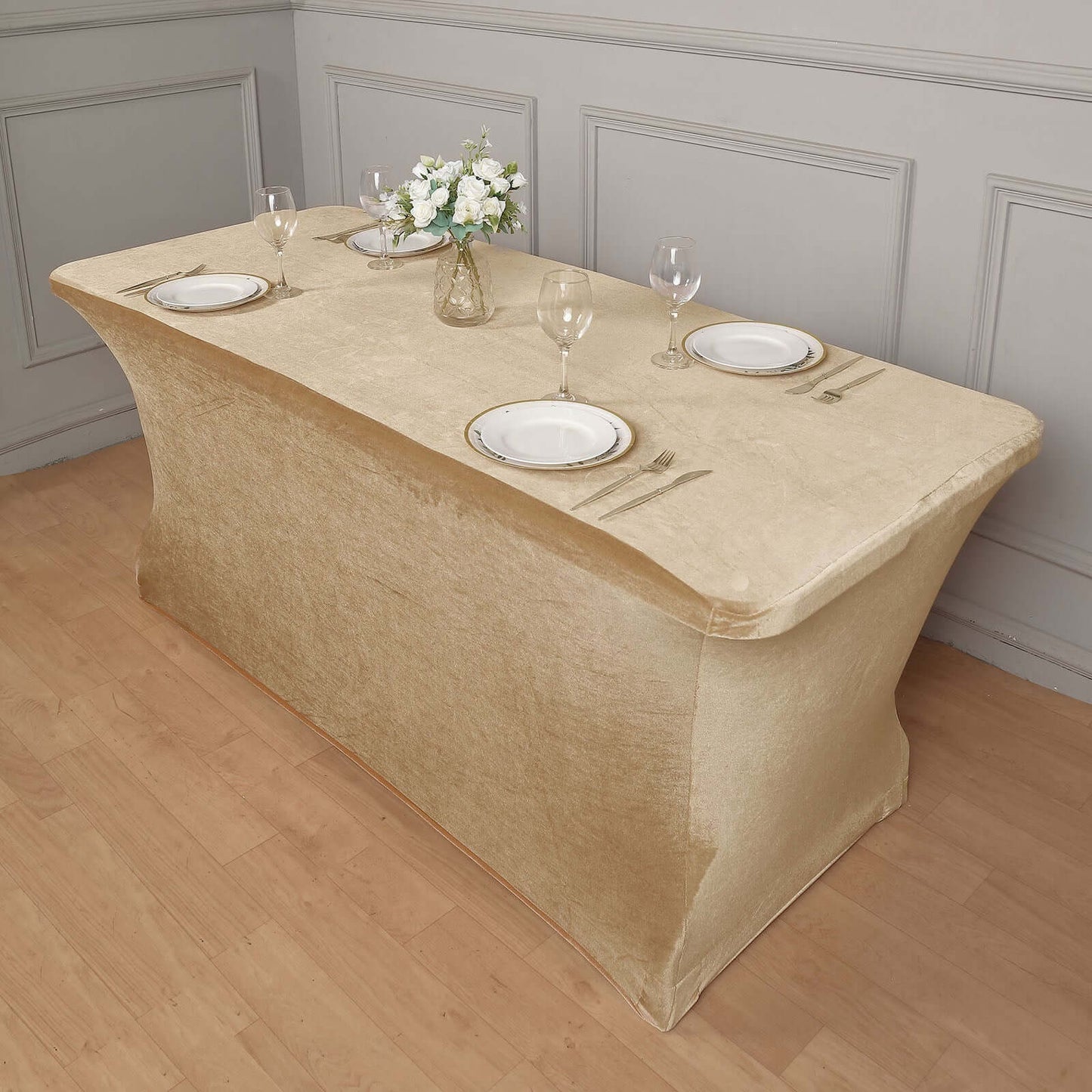Velvet Spandex 6ft Rectangle Tablecloth Champagne - Fitted Wrinkle-Free Design for 72"x30" Tables
