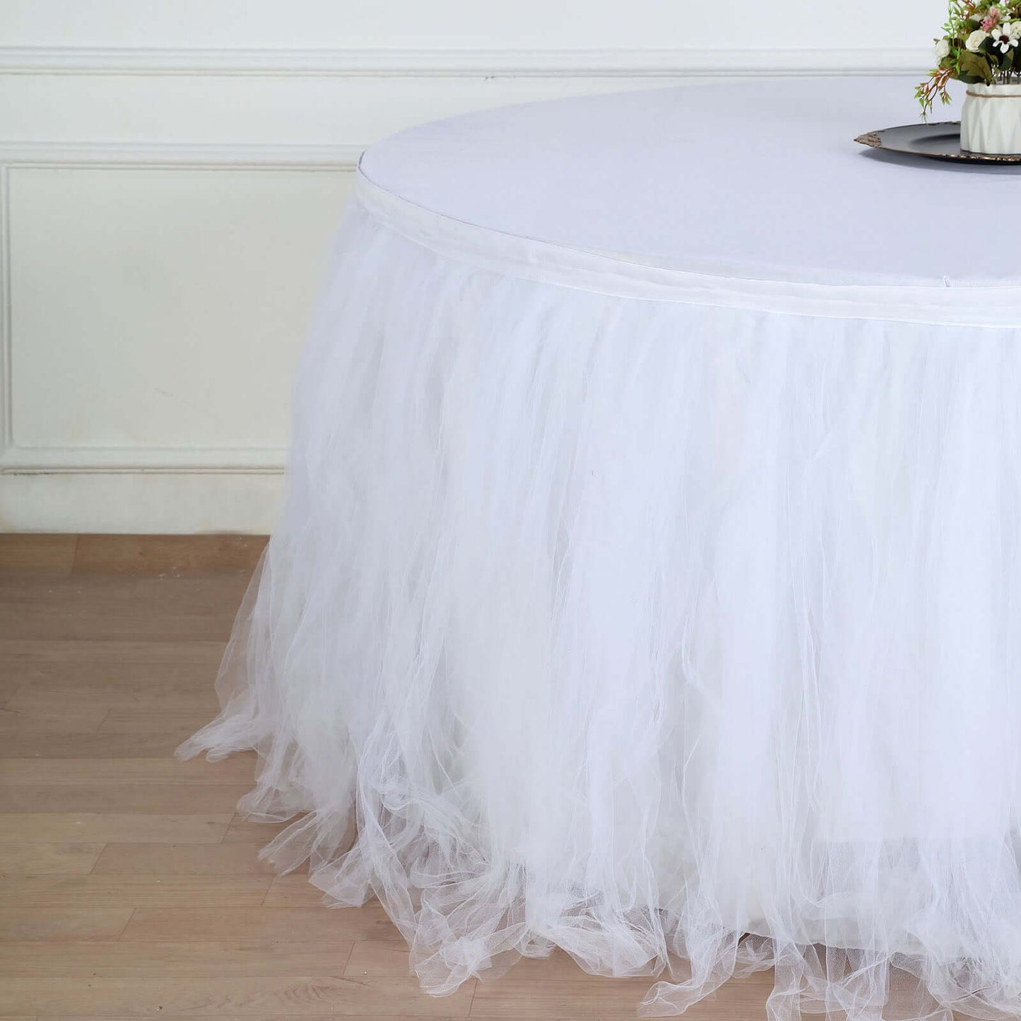 Tulle 17ft Table Skirt White - 4 Layer Pleated Tutu Chic & Soft Event Table Cover