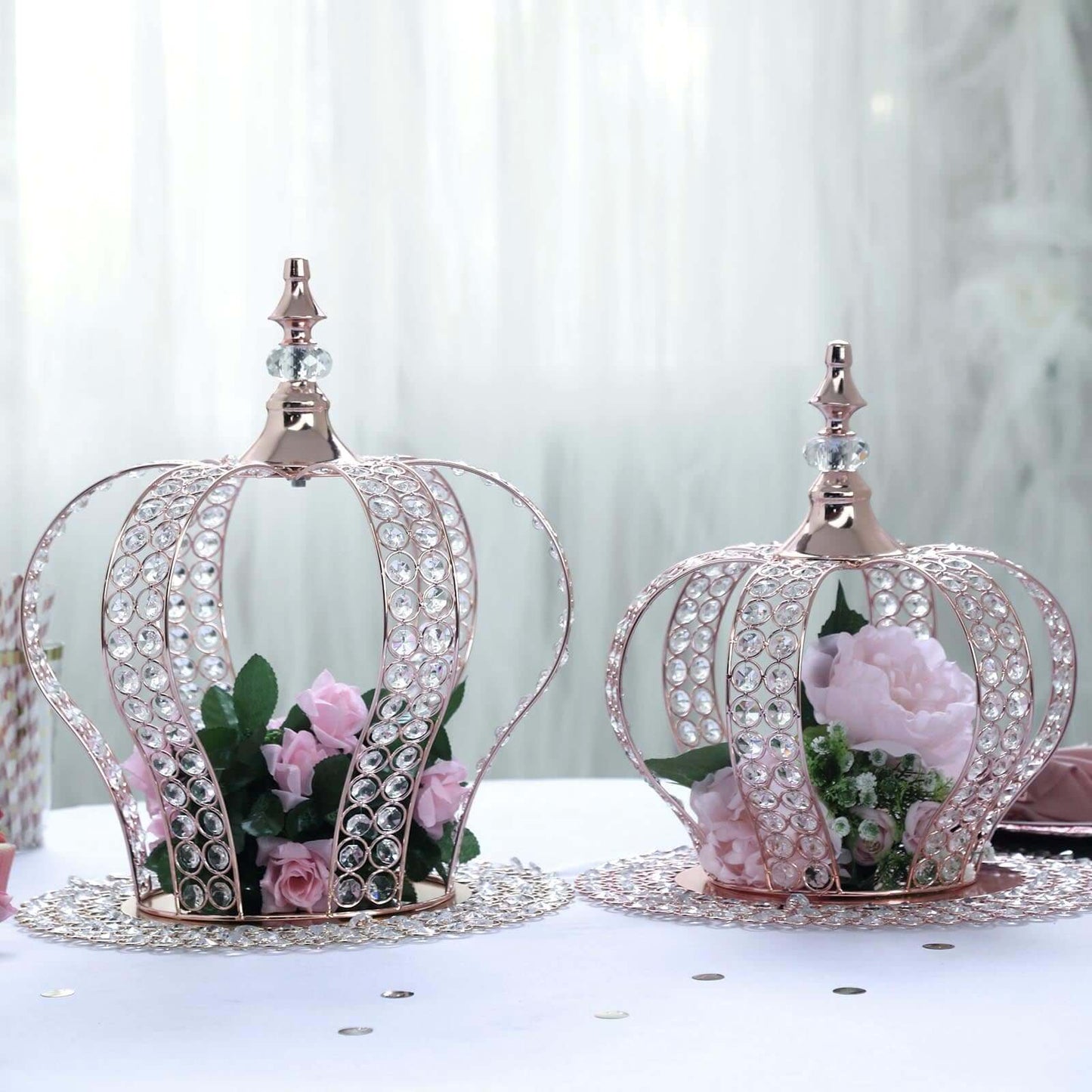 Wired Metal Round Charger Plate 14" in Rose Gold with Acrylic Crystal Beads, Glamorous Decorative Dinner Charger Tableware