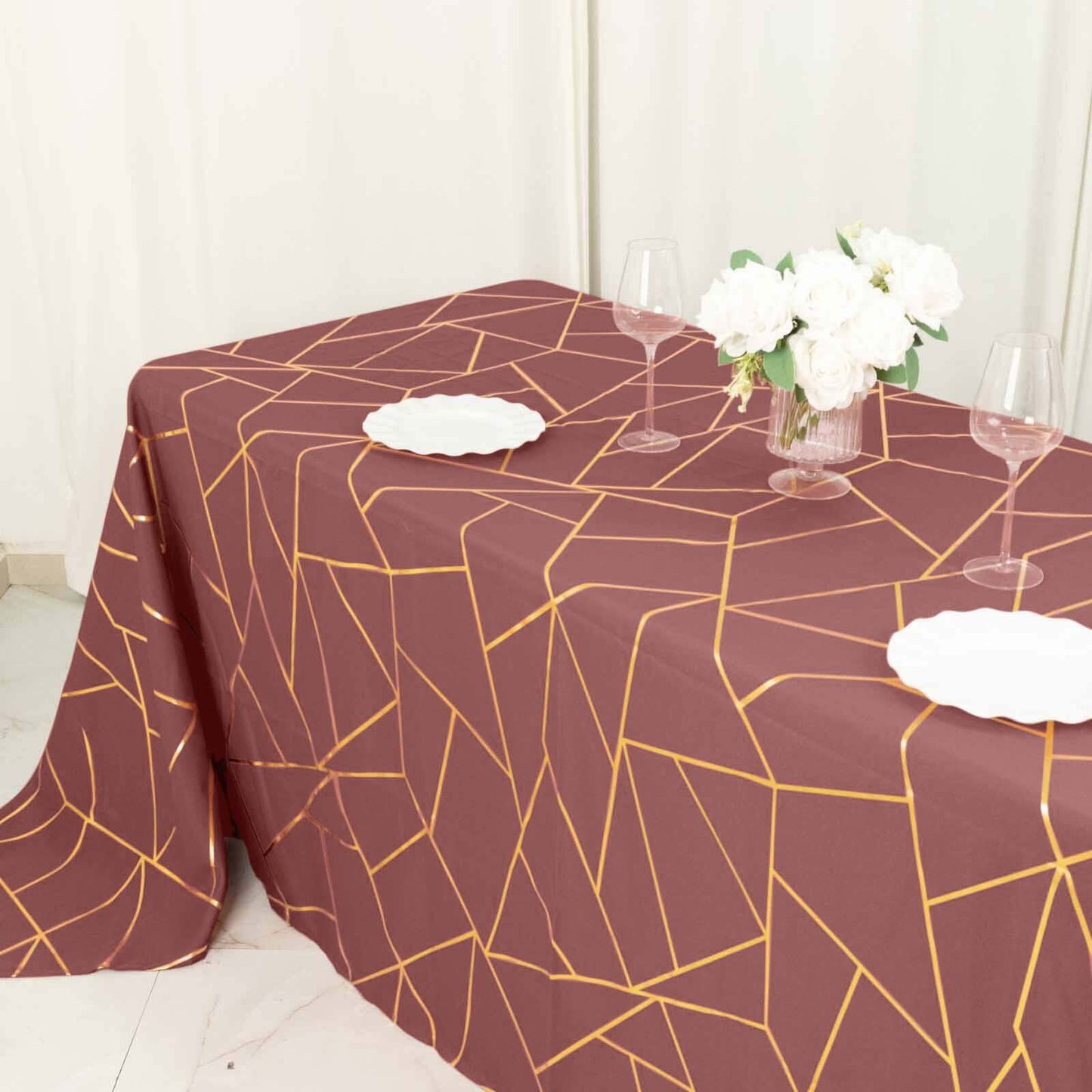 Polyester 60"x132" Rectangle Tablecloth Cinnamon Rose with Gold Foil Geometric Pattern - Wrinkle-Resistant and Durable Table Cover for Weddings & Events