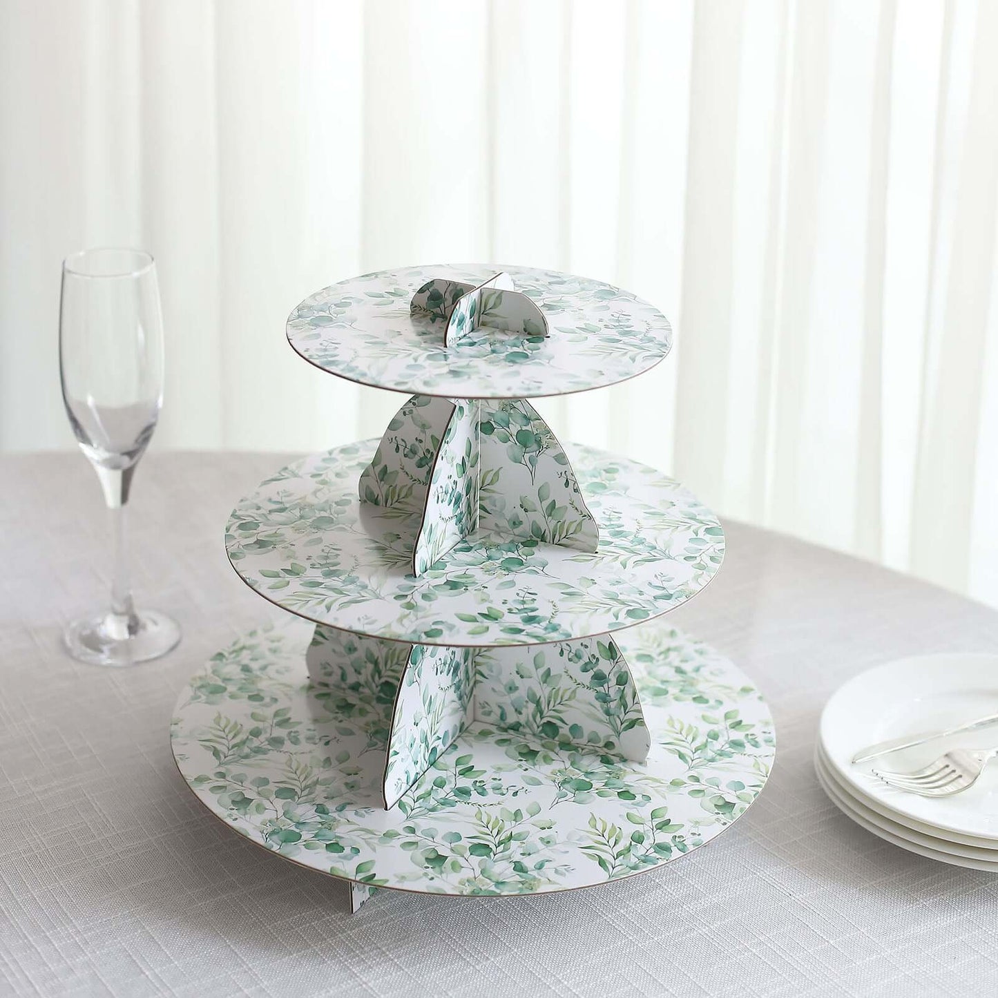 3-Tier Cardboard Cupcake Stand White with Green Eucalyptus Leaves Pattern - Reusable Dessert Display Stand Round Serving Platter for High-Tea Gatherings Weddings & Spring Celebrations 11"
