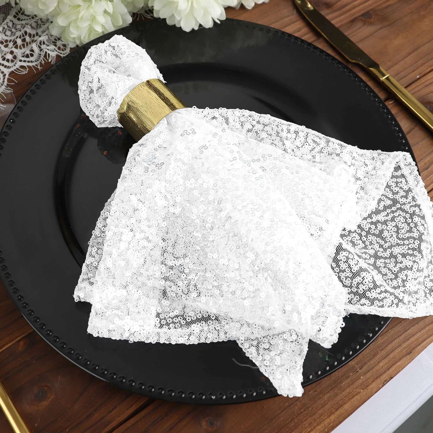 Sequin 20"x20" Napkin White - Shimmering Decorative Dinner Napkin for Weddings & Events