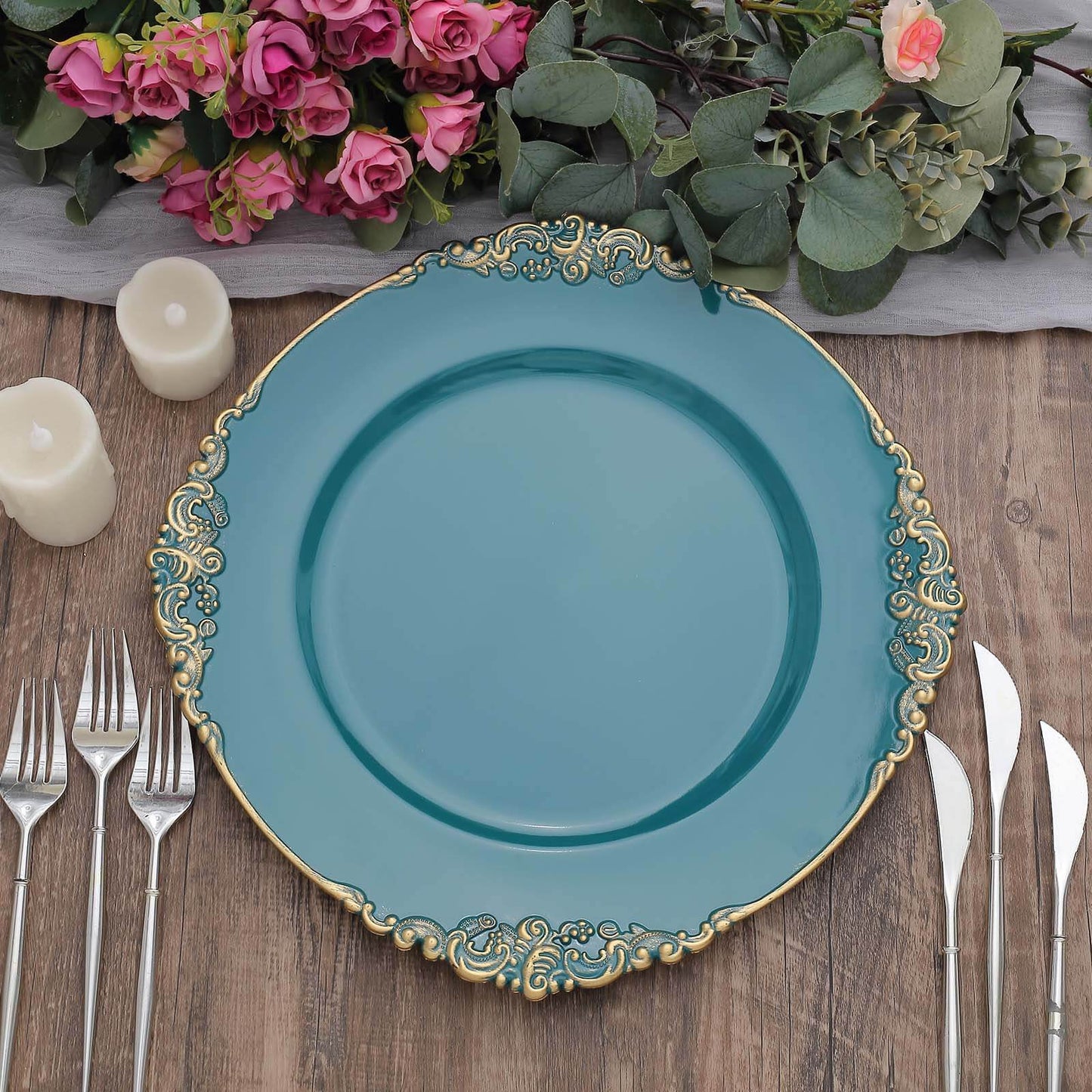 6-Pack Acrylic Round Charger Plates 13" in Peacock Teal with Gold Embossed Baroque Rim, Antique Decorative Dinner Party Charger Tableware
