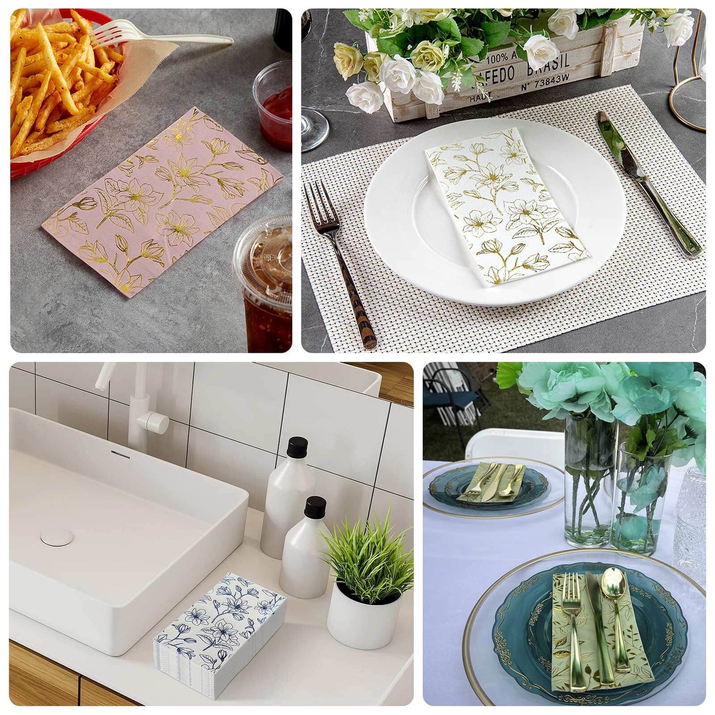 50-Pack Paper Dinner Napkins Sage Green with Gold Magnolia Flowers Print 2-Ply - Disposable Soft Napkins for Parties