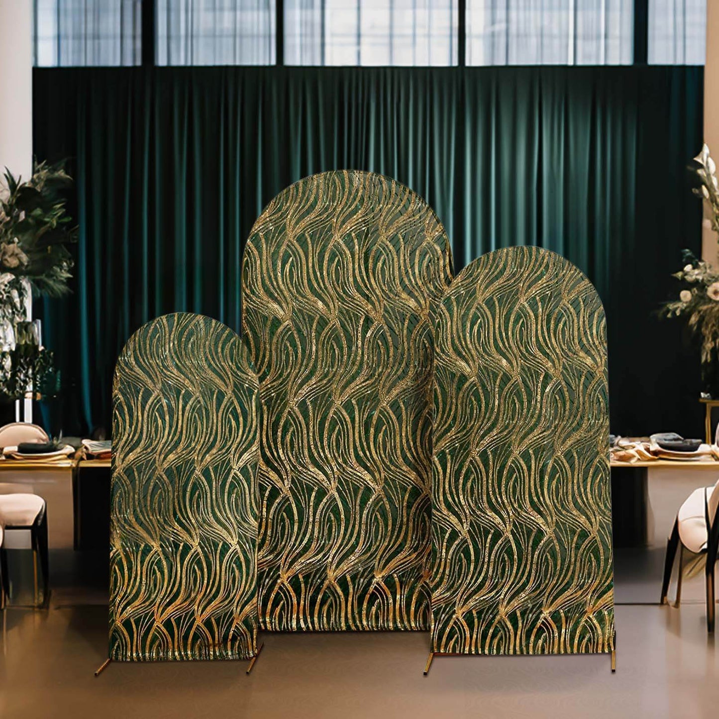 Set of 3 Hunter Emerald Green Wave Mesh Chiara Wedding Arch Covers With Gold Embroidered Sequins, Fitted Covers For Round Top Backdrop Stands - 5ft,6ft,7ft