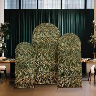 Set of 3 Hunter Emerald Green Wave Mesh Chiara Wedding Arch Covers With Gold Embroidered Sequins, Fitted Covers For Round Top Backdrop Stands - 5ft,6ft,7ft