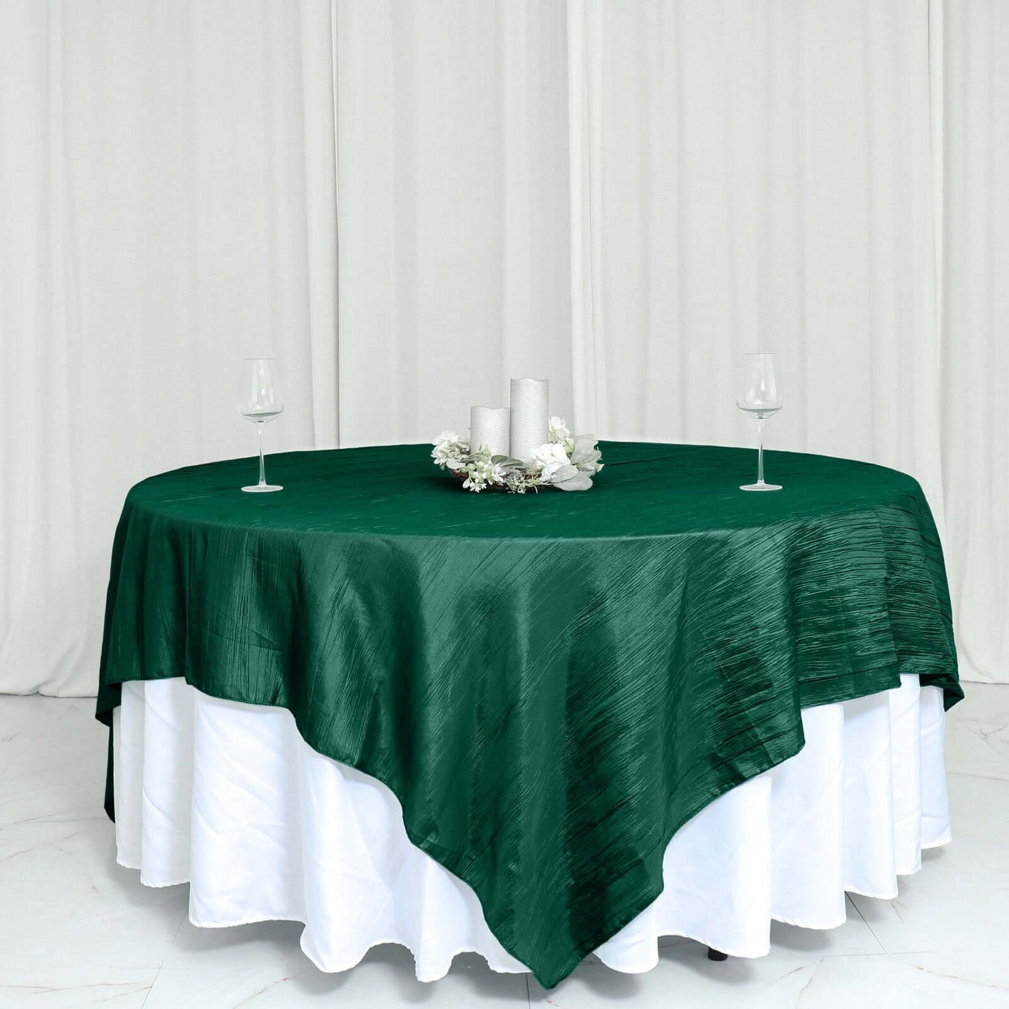 Taffeta 90"x90" Table Overlay Square Tablecloth Hunter Emerald Green - Accordion Crinkle Table Cover